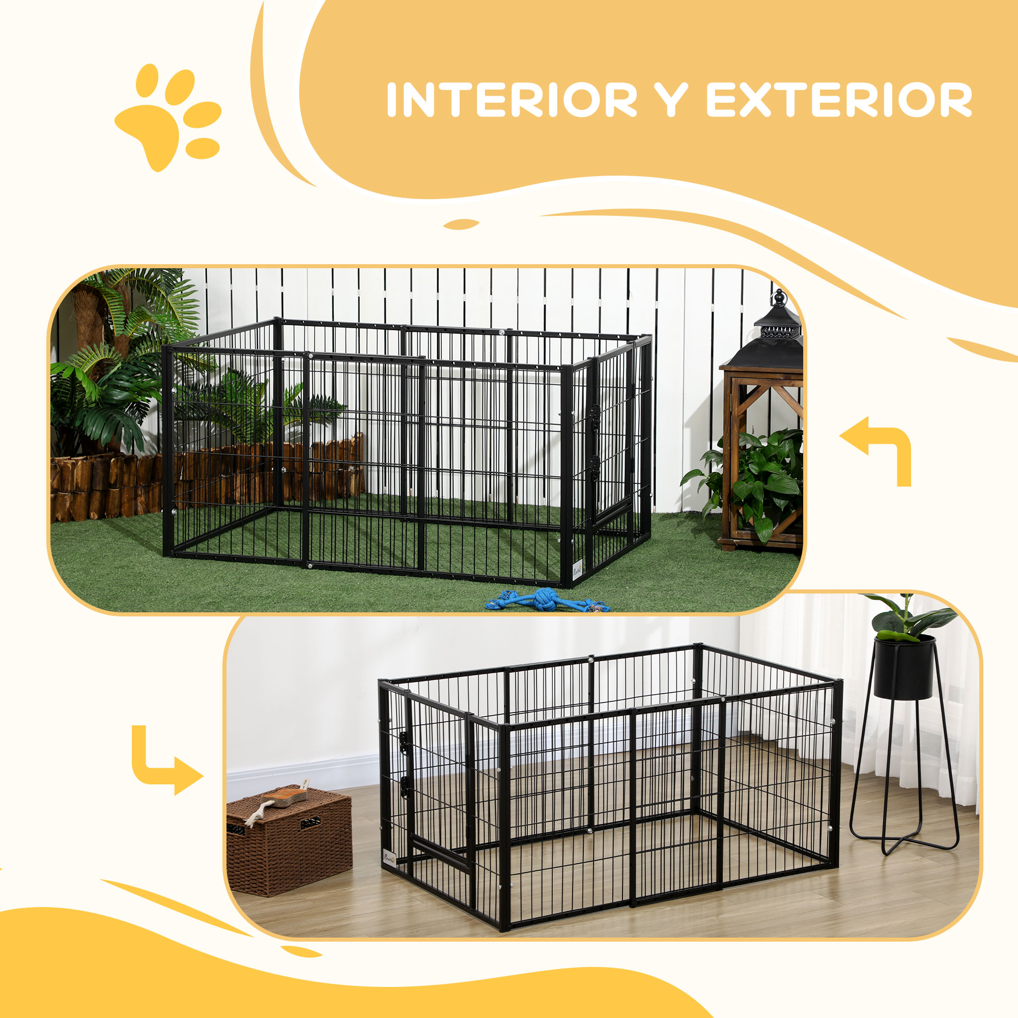 Parque para mascotas negro en interiores y exteriores. Muestra dos opciones de configuración.