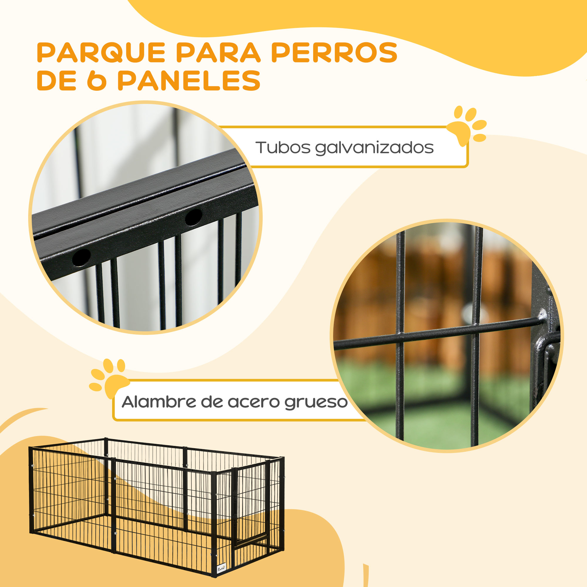 Un parque para perros negro de seis paneles muestra tubos galvanizados y alambre de acero grueso. Incluye un diagrama.