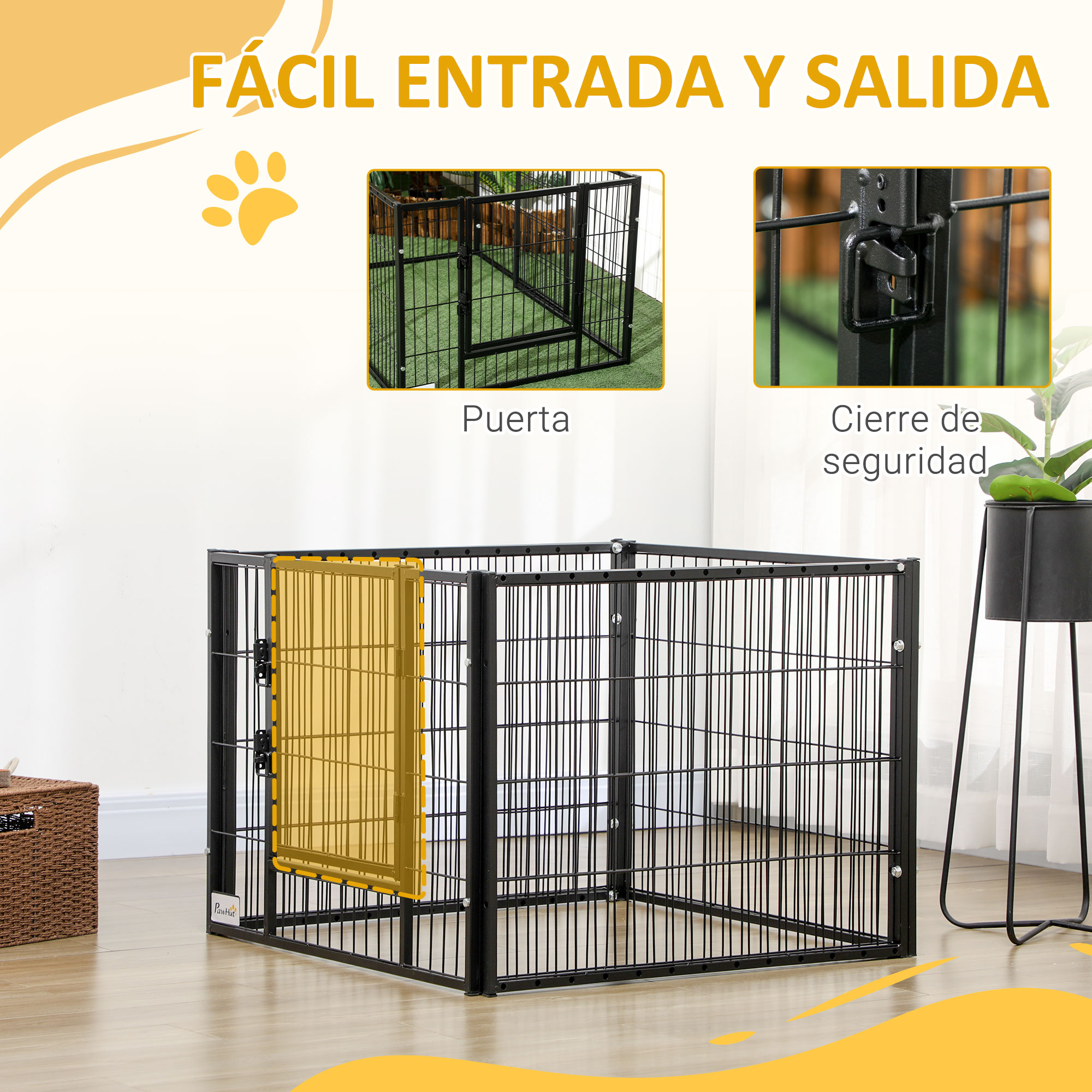 Parque infantil negro para mascotas con puerta amarilla abierta. Pestillo de la puerta visible. Suelo marrón con una planta.