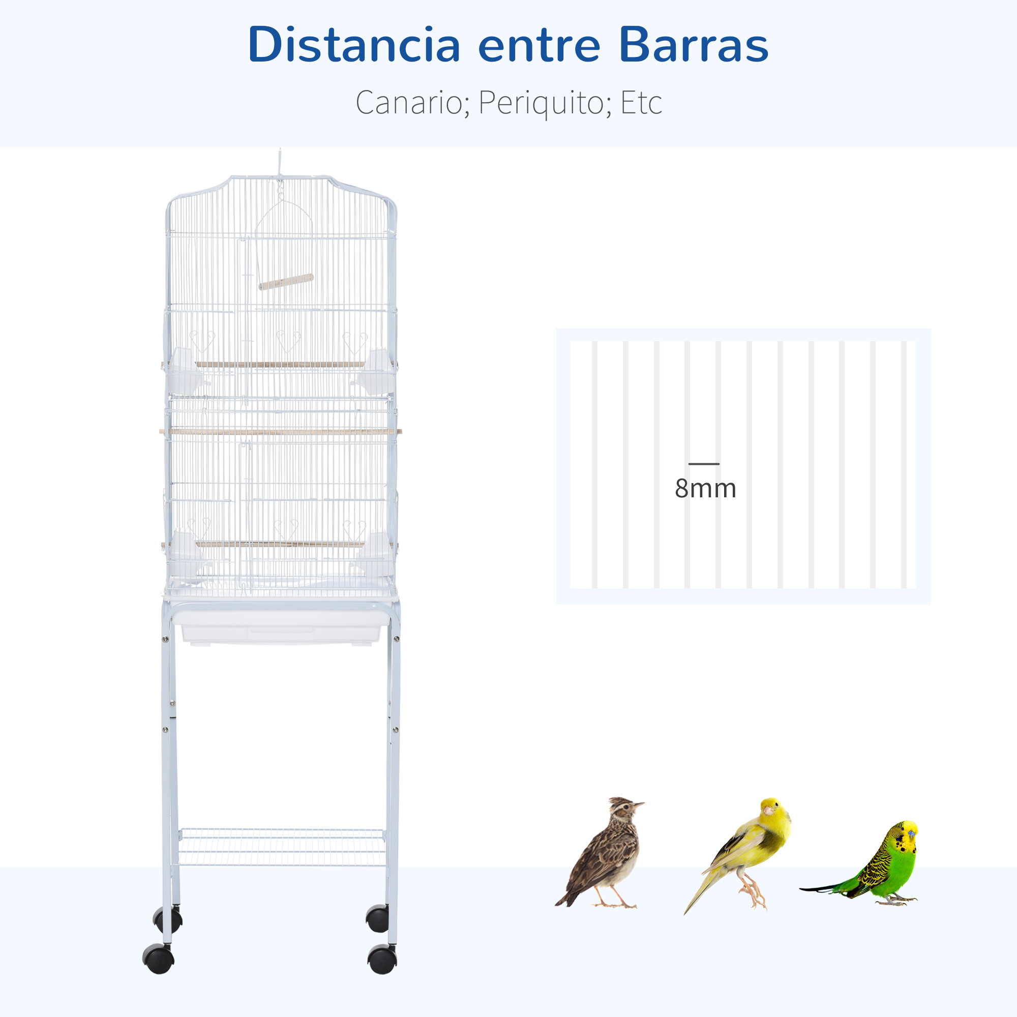 Se muestra una jaula blanca para pájaros, con un diagrama del espaciamiento de las barras. Tres pájaros pequeños están debajo. La jaula está sobre un soporte.