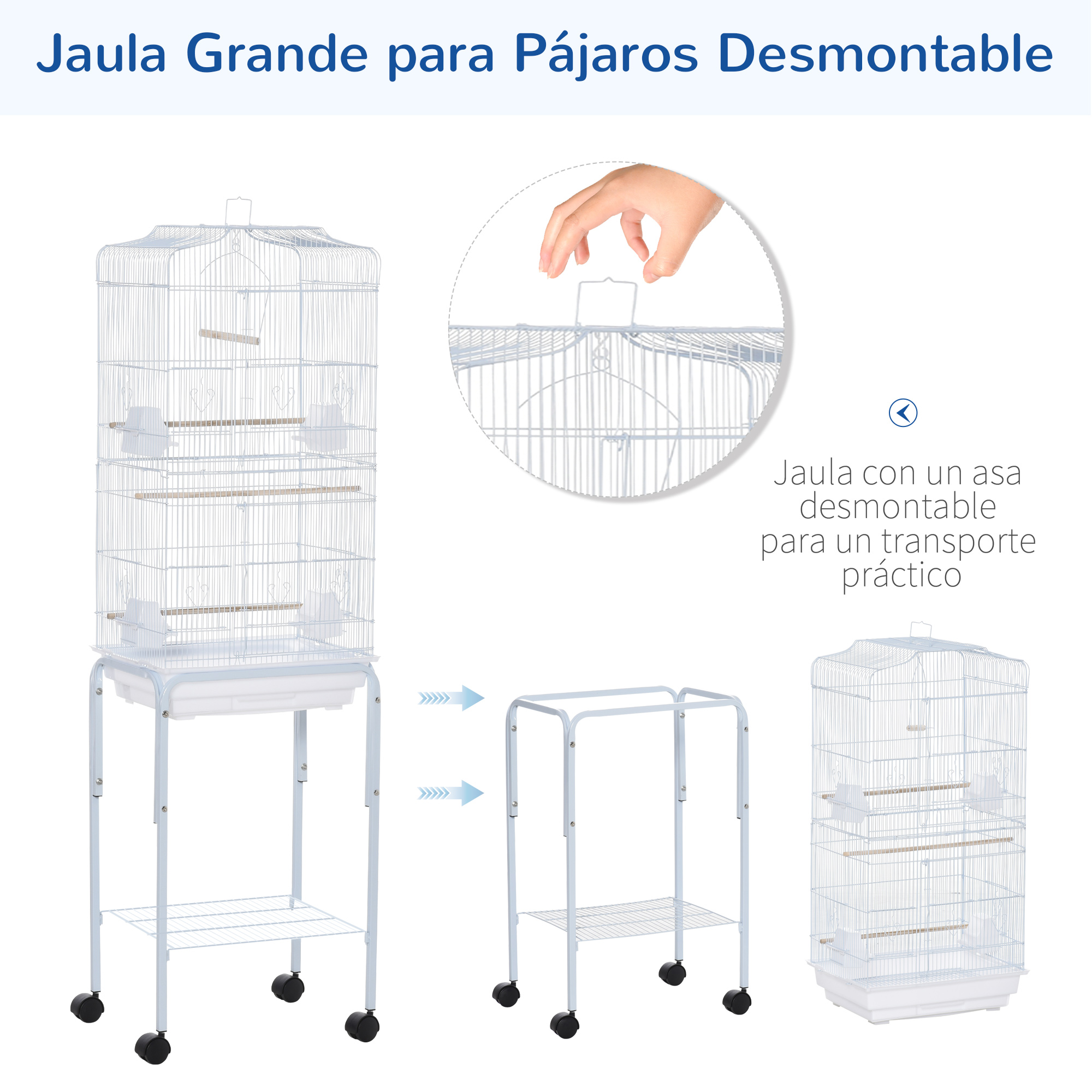 Jaula grande, blanca, de varios niveles con parte superior removible para transporte y montaje.