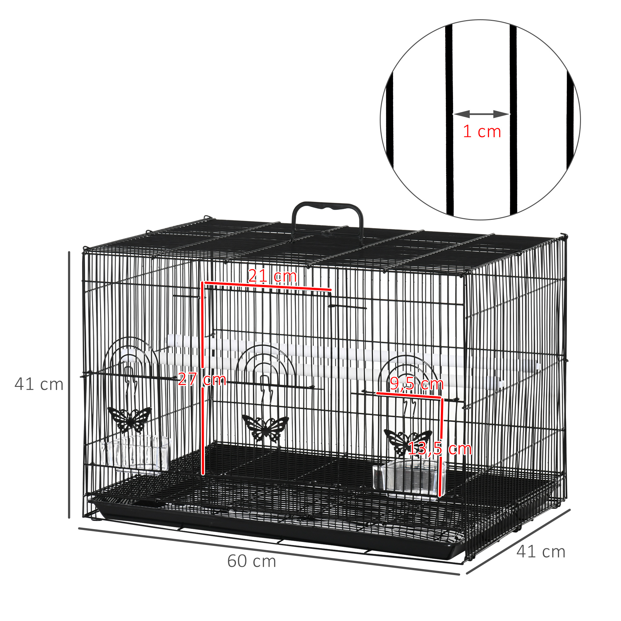 Una jaula de metal negro para pájaros con dimensiones marcadas. Mariposas en la jaula, con asa en la parte superior.