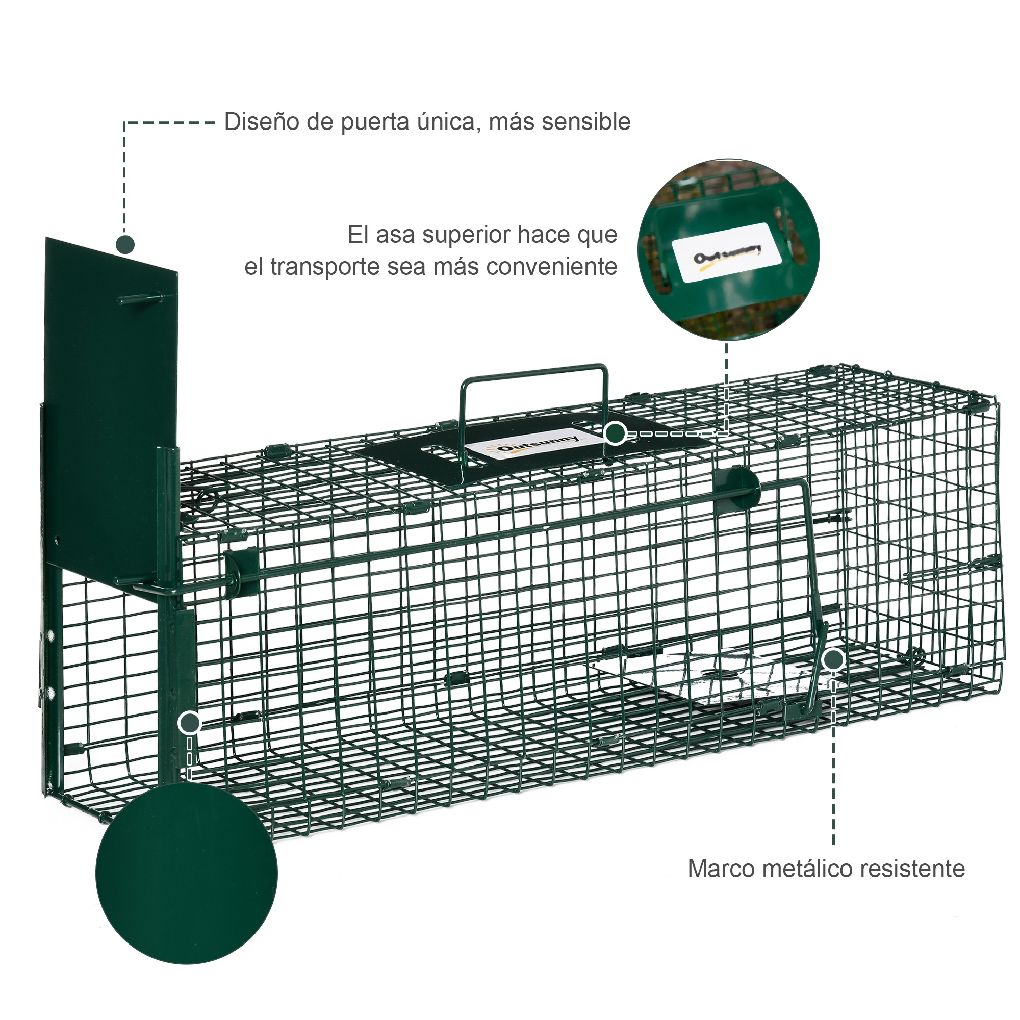 Trampa para animales de metal verde con etiquetas: diseño de puerta único, asa conveniente y marco metálico resistente.