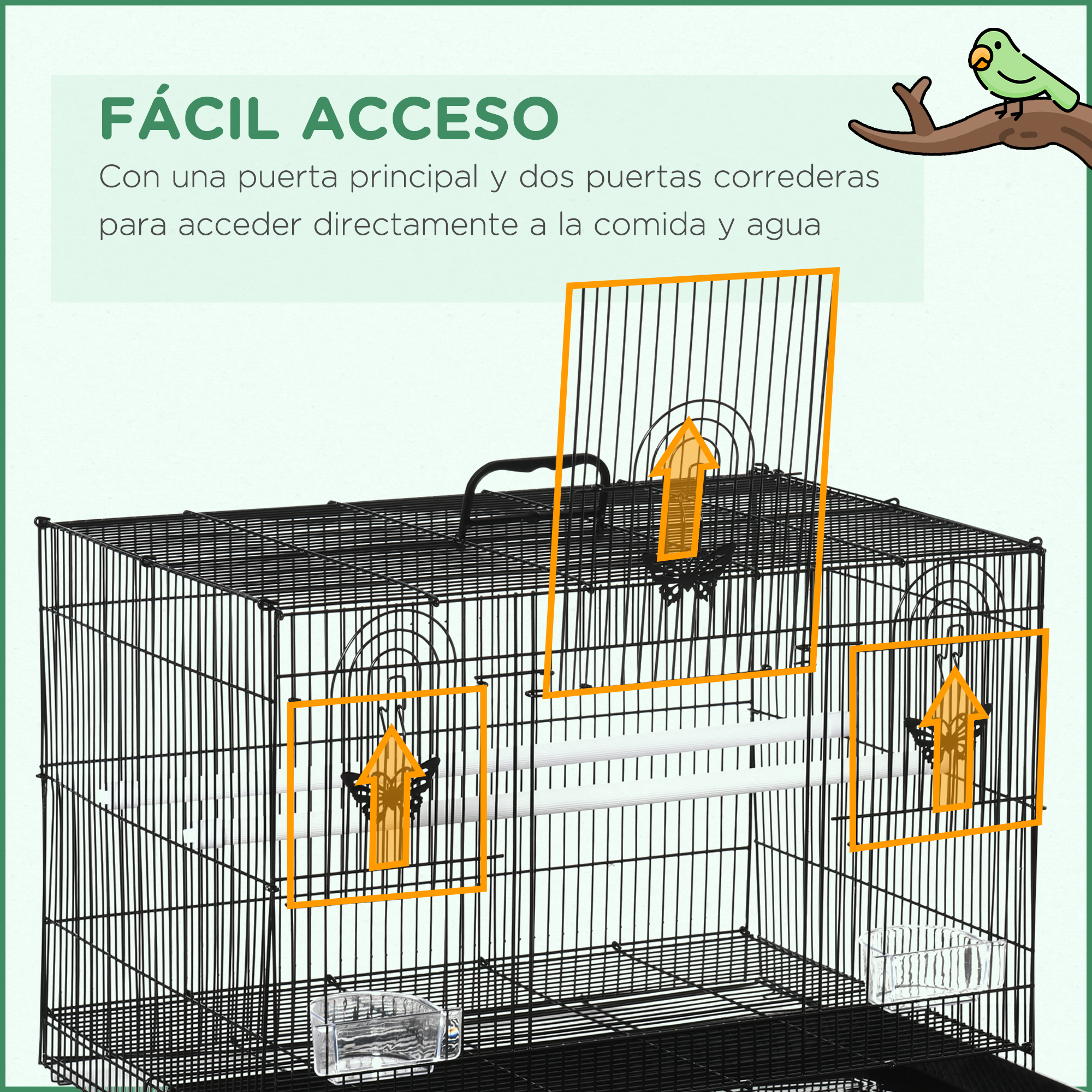 Jaula de metal negro para mascotas con múltiples puntos de acceso. Con puerta principal y correderas.