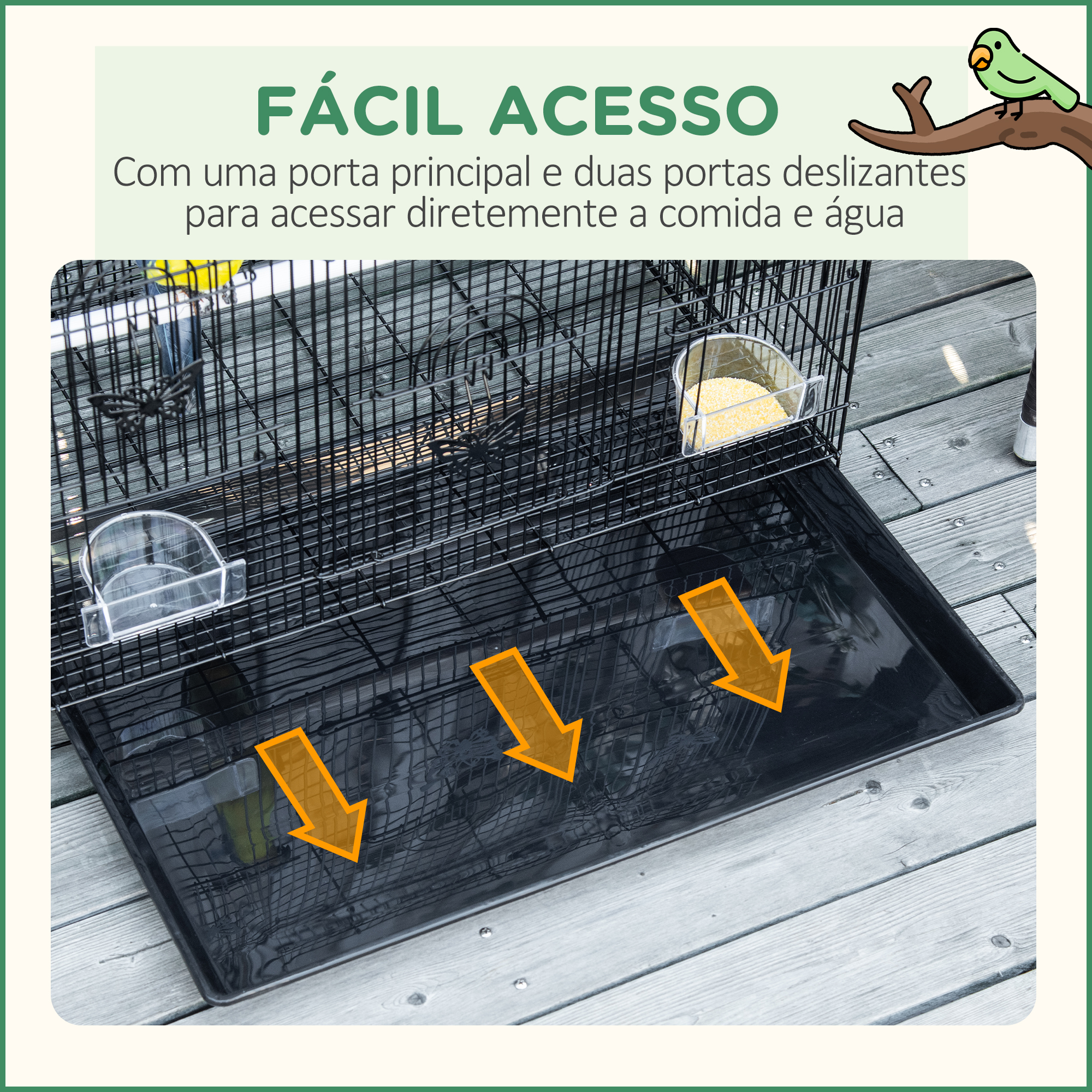 Jaula para pájaros con bandeja, ilustración de pájaro y flechas que indican el flujo de agua, sobre una superficie de madera.