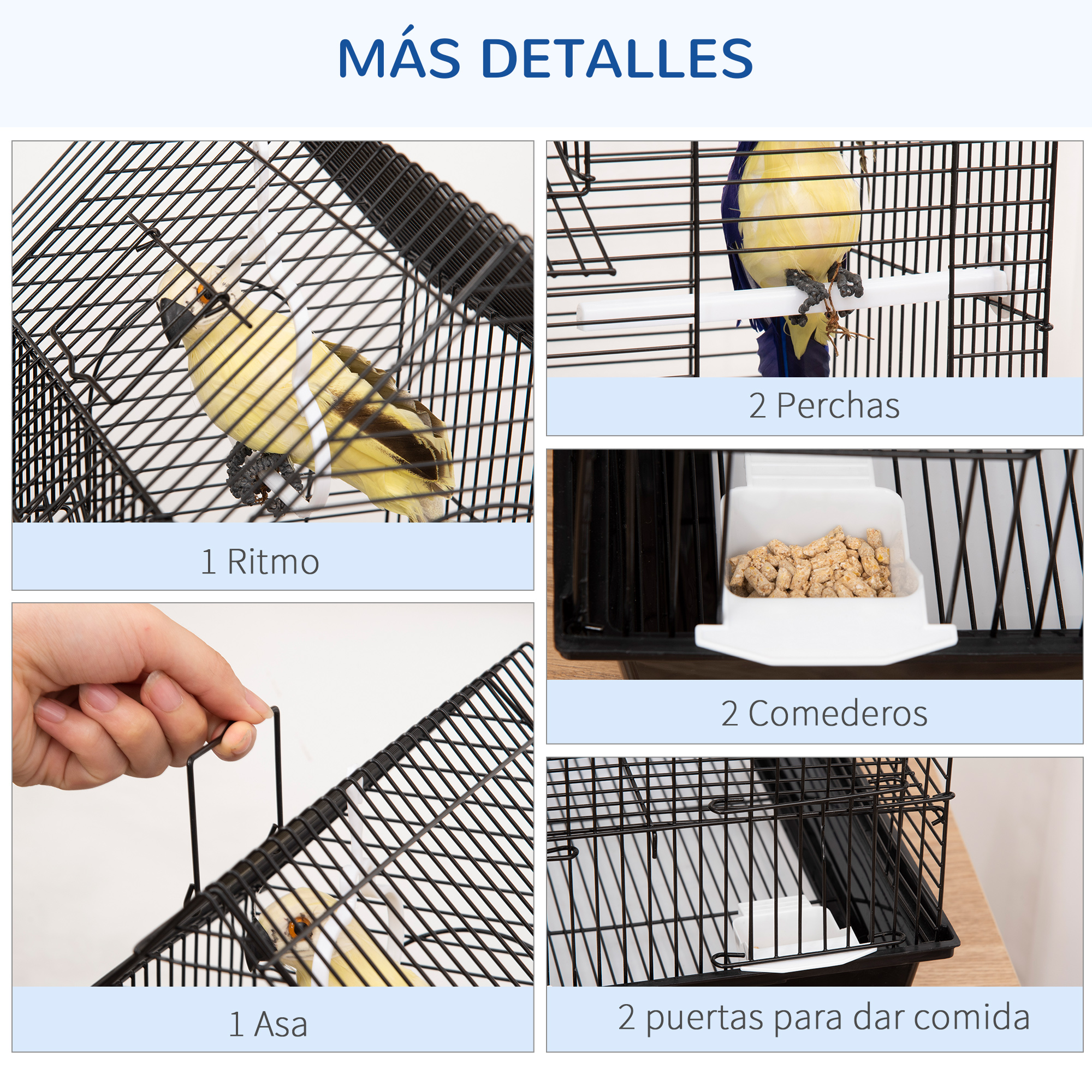 Detalles de cerca de una jaula para pájaros: un pájaro, perchas, comida y un asa. Incluye un pájaro en la jaula.