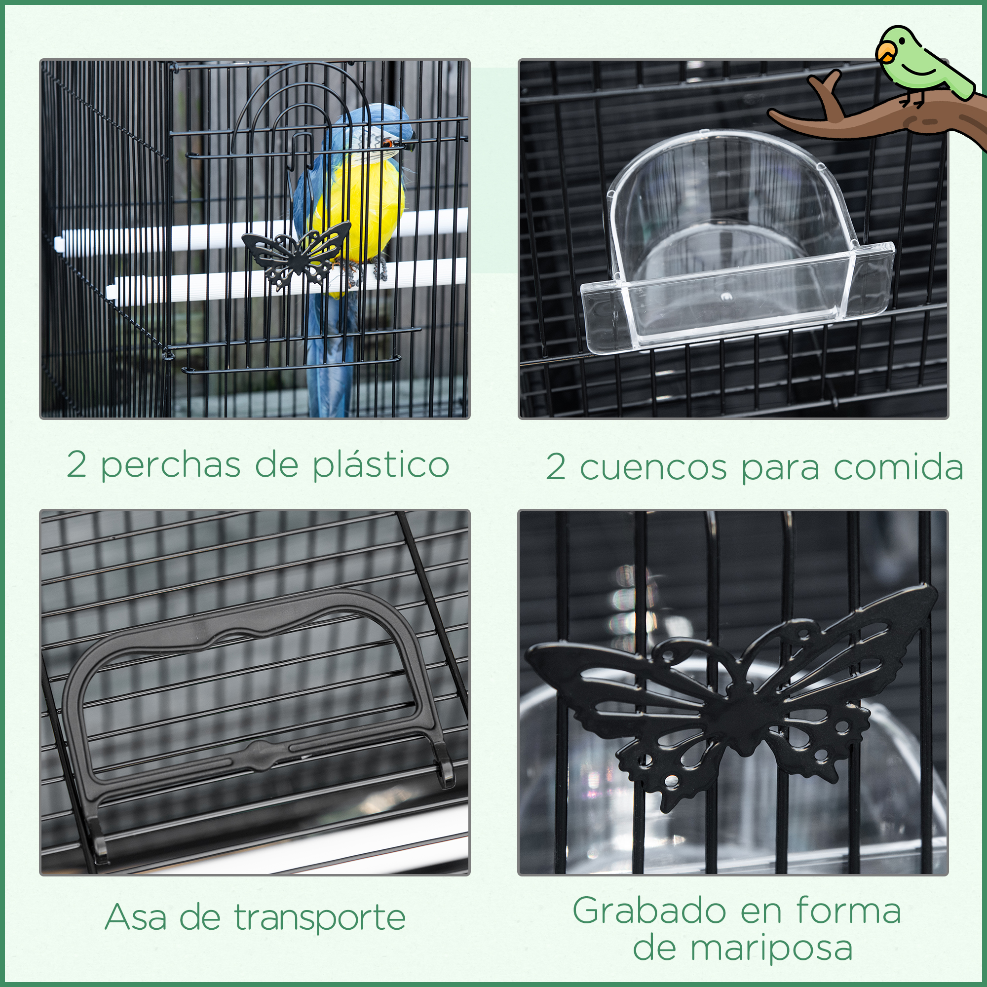 Una jaula para pájaros con cuatro secciones que muestran varias características como perchas, comederos y decoración de mariposas.