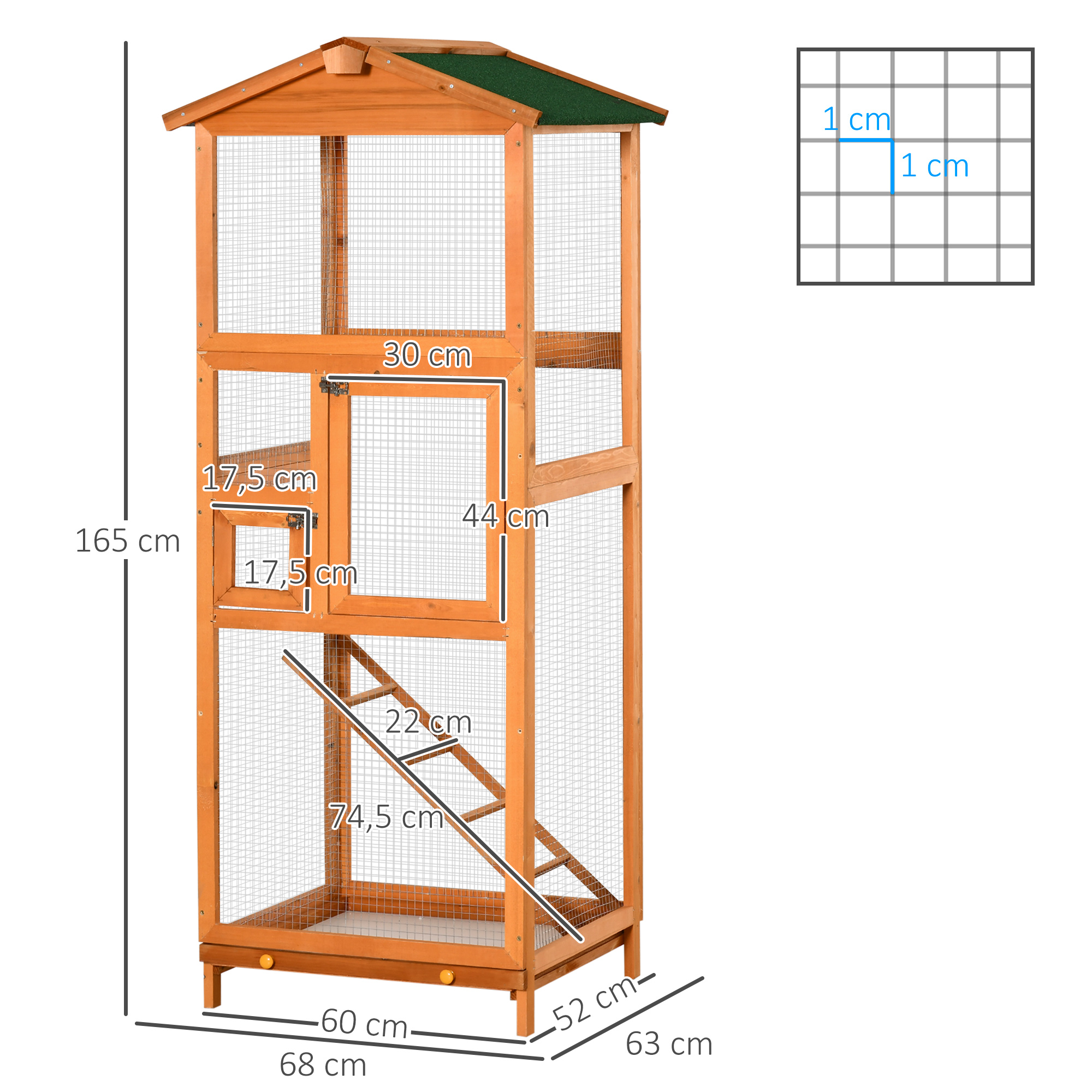 Jaula de pájaros de madera con dimensiones etiquetadas, con puerta, escalera y techo verde. Líneas de cuadrícula en el fondo.