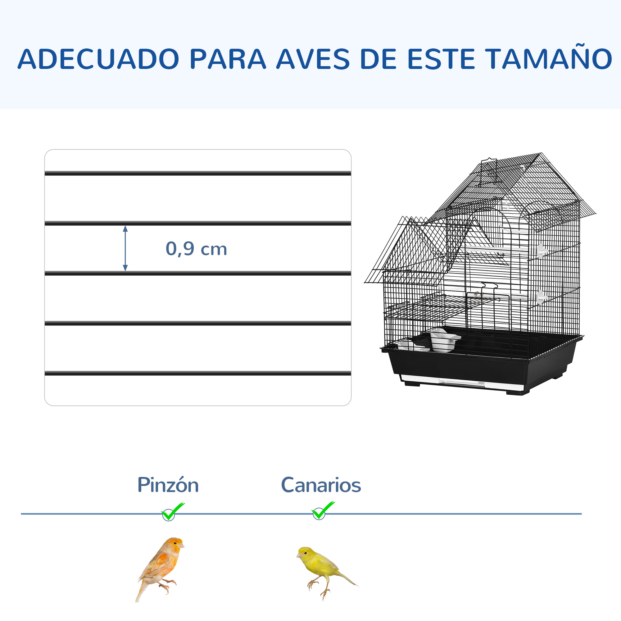 Una jaula para pájaros con barras horizontales y un pájaro pequeño dentro. La jaula es adecuada para pájaros pequeños.
