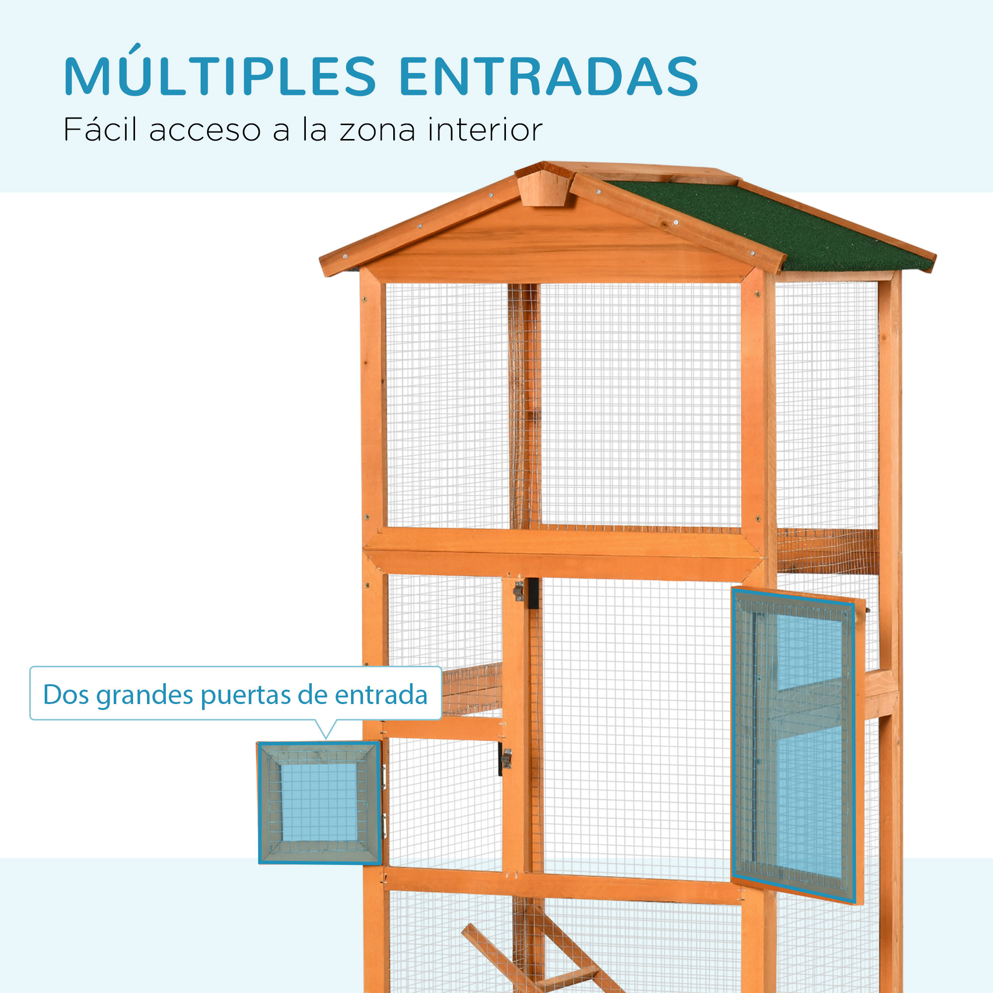 Jaula de pájaros de madera con múltiples puntos de entrada y dos puertas grandes, con techo verde.