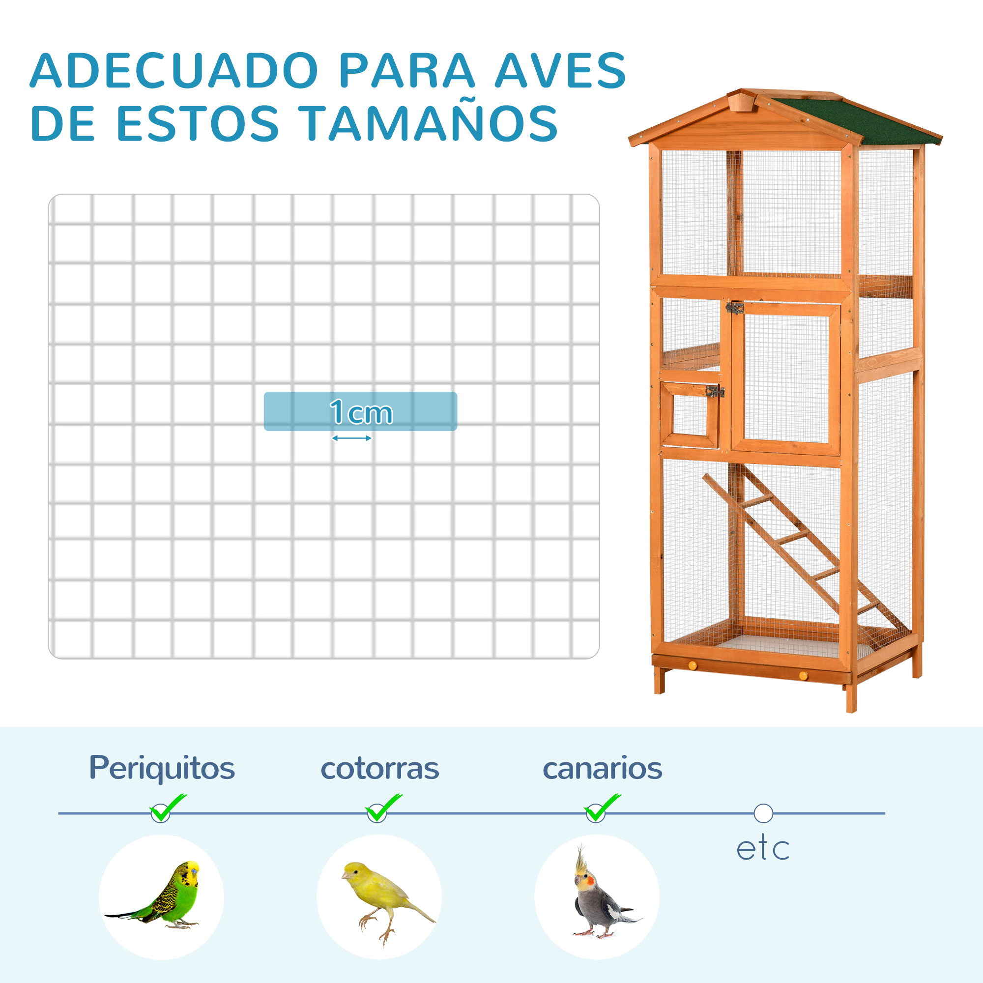 Jaula de pájaros de madera con dimensiones, una cuadrícula y fotos de un periquito, una cacatúa y un canario.