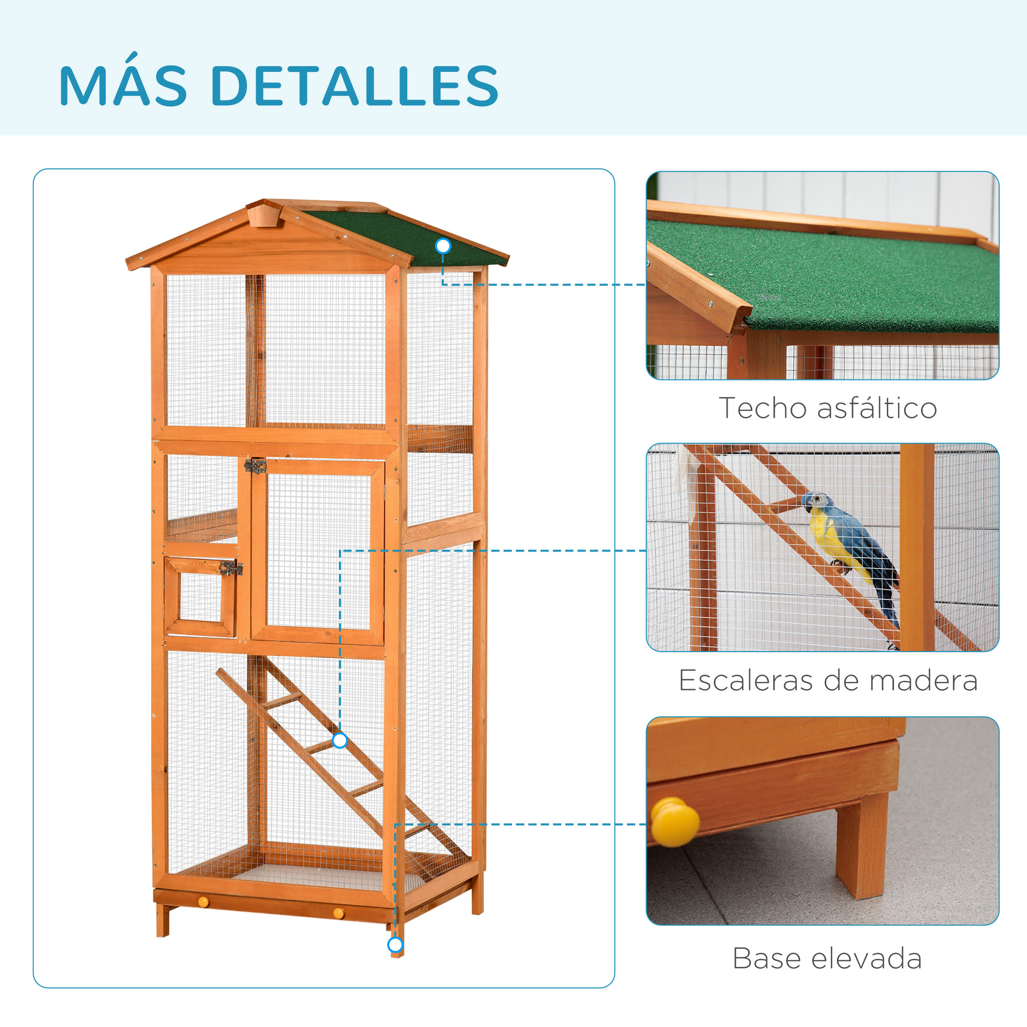 Jaula de pájaros de madera con techo verde, malla de alambre, escalera de madera. Incluye un pájaro y base de madera.