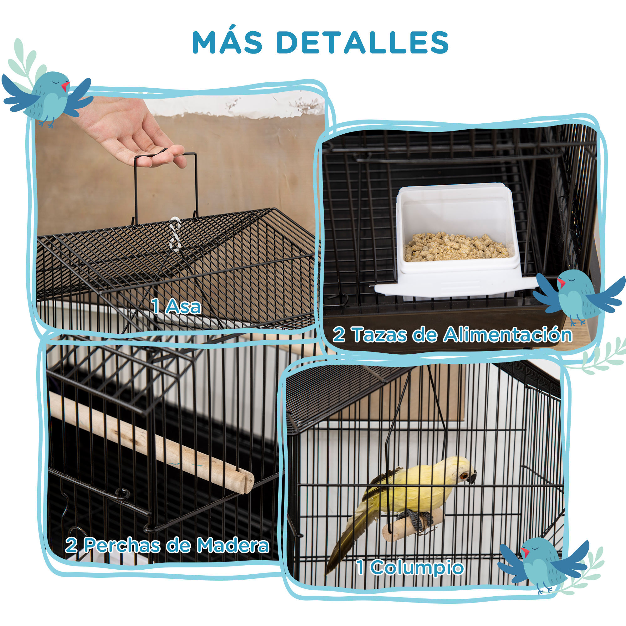 Componentes de jaula para pájaros: asa, comederos, perchas de madera y un columpio. Aves azules.