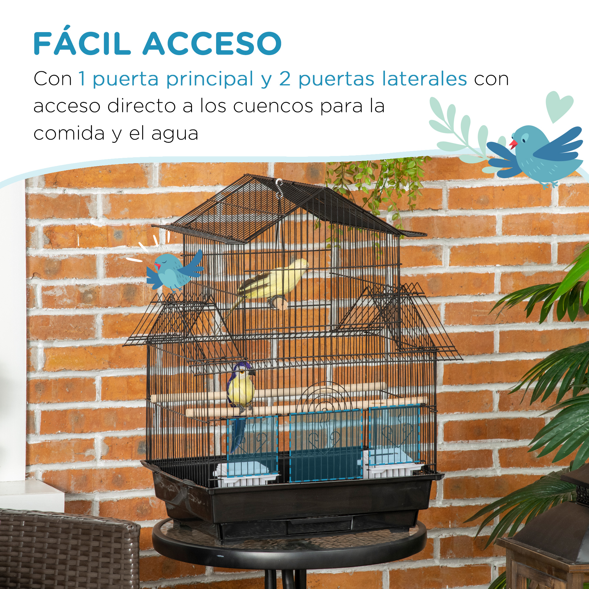 Jaula negra con dos pájaros, texto dice fácil acceso con puertas para comida y agua.