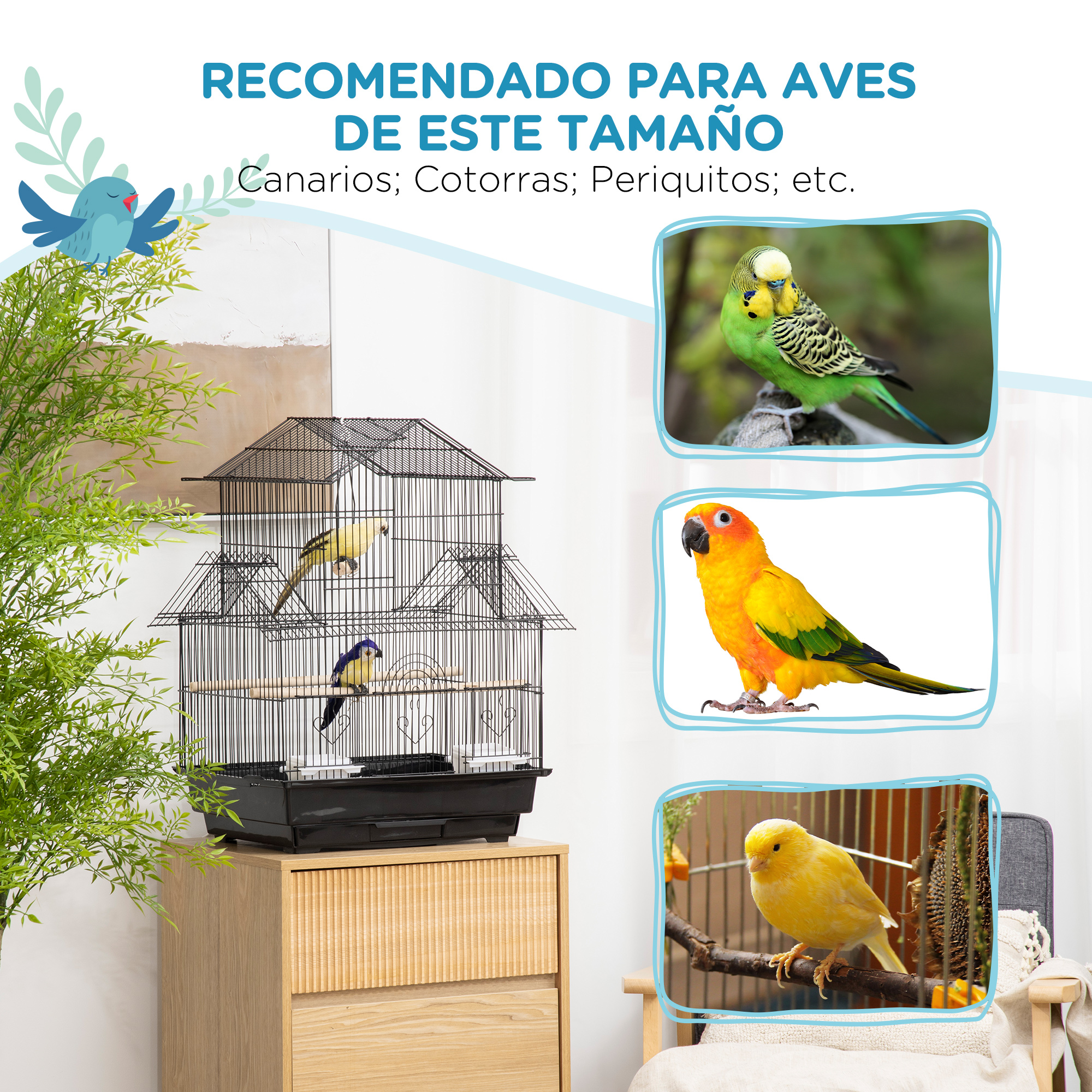 Varios pájaros y jaulas. Incluye un loro verde, un pájaro amarillo y un loro.