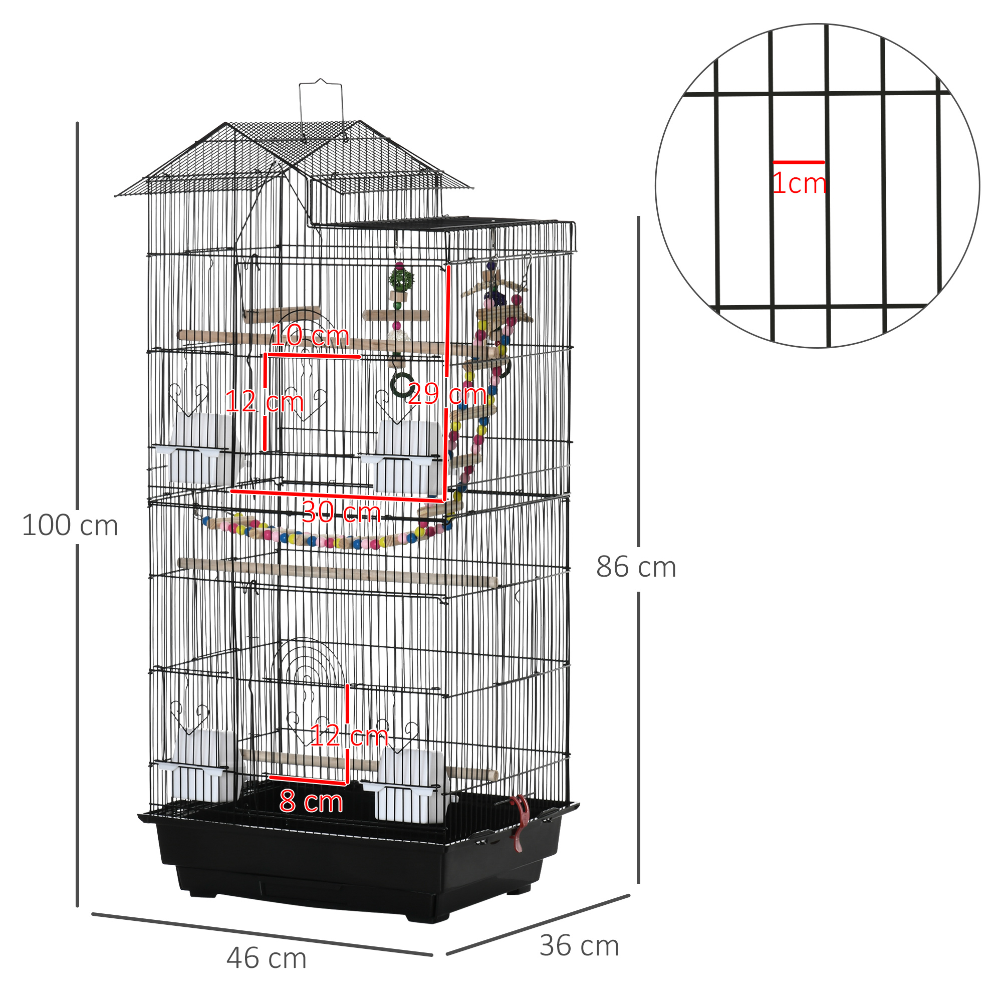 Una jaula alta y negra para pájaros con dimensiones, incluyendo percha, dimensiones y un diagrama de las barras.