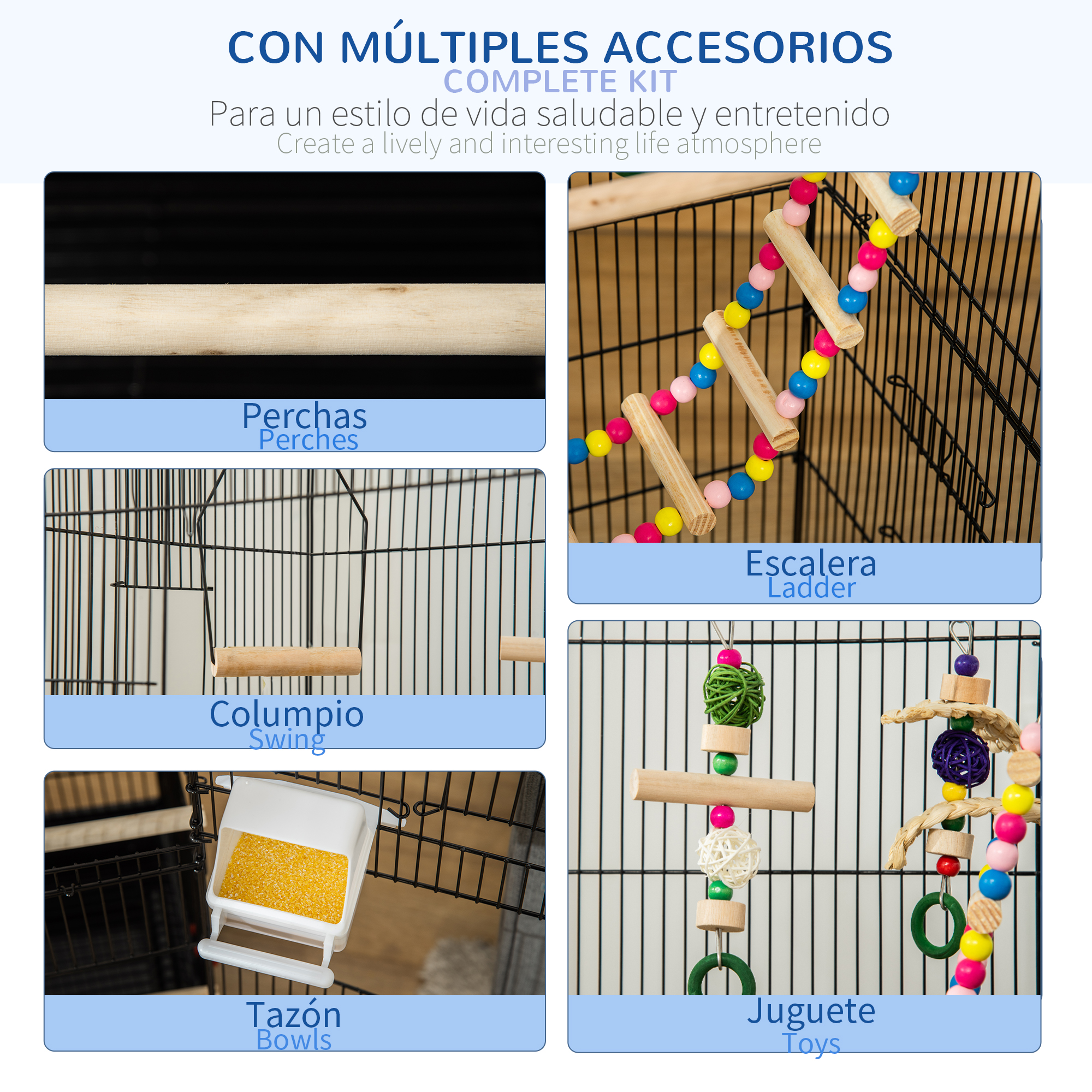 Primer plano de accesorios de jaula para pájaros: perchas, escalera, columpio, cuencos y juguetes para un ambiente animado.