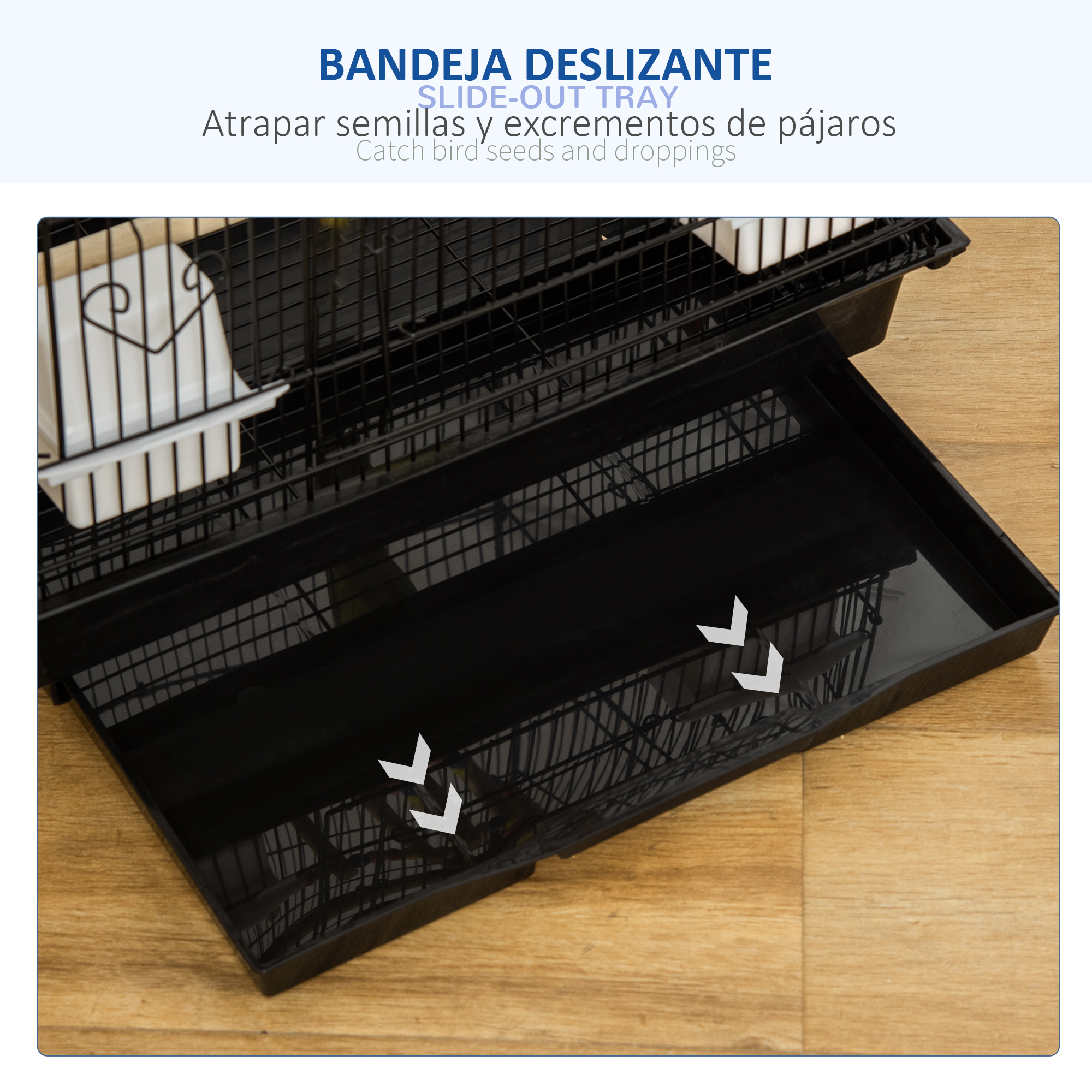 Primer plano de una bandeja negra para jaulas de pájaros, que muestra la bandeja inferior con flechas que apuntan a la bandeja extraíble.