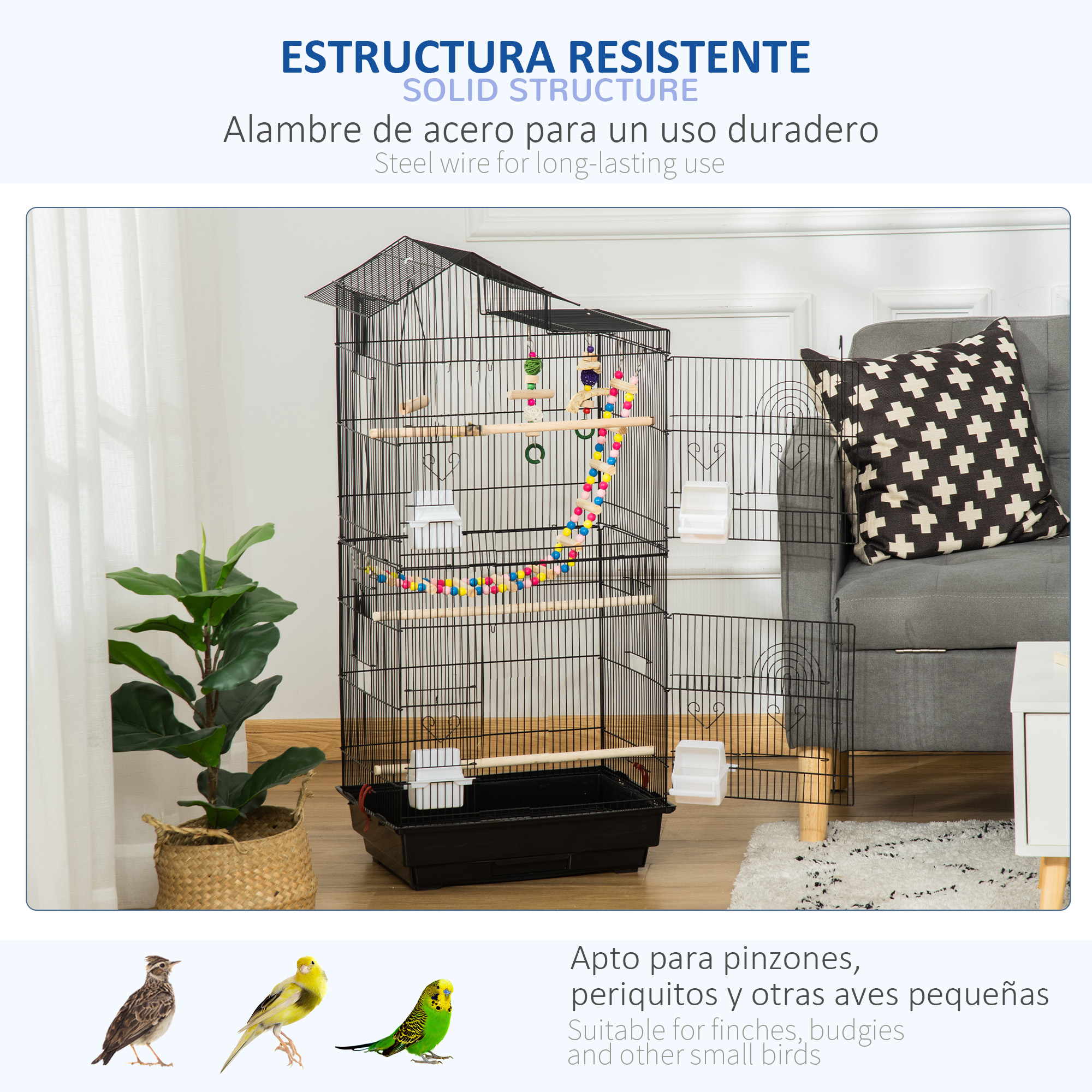 Una jaula para pájaros de varios niveles con varios accesorios. Tiene base negra.