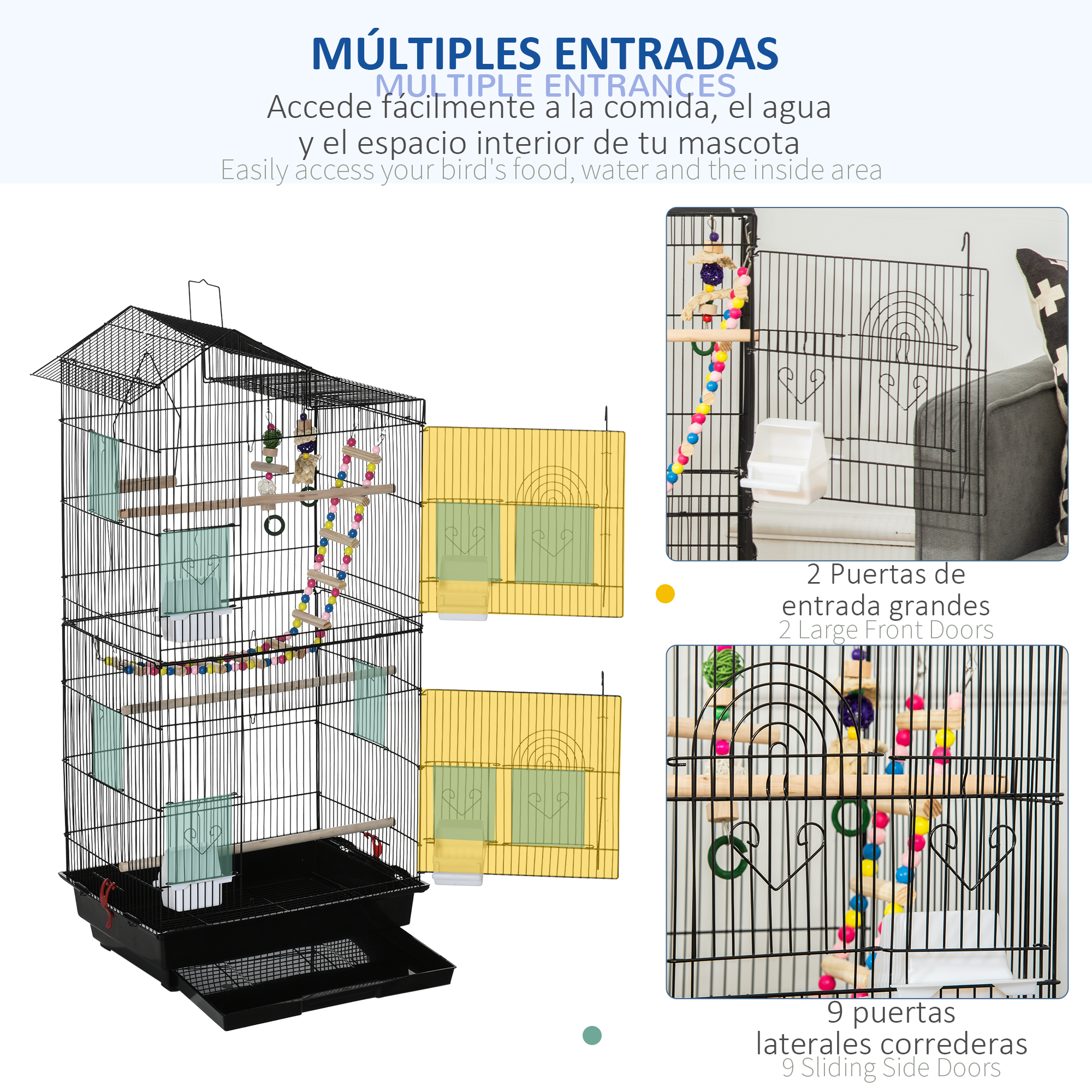 Jaula negra para pájaros con múltiples entradas. Tiene dos puertas delanteras grandes, nueve puertas correderas laterales y juguetes.