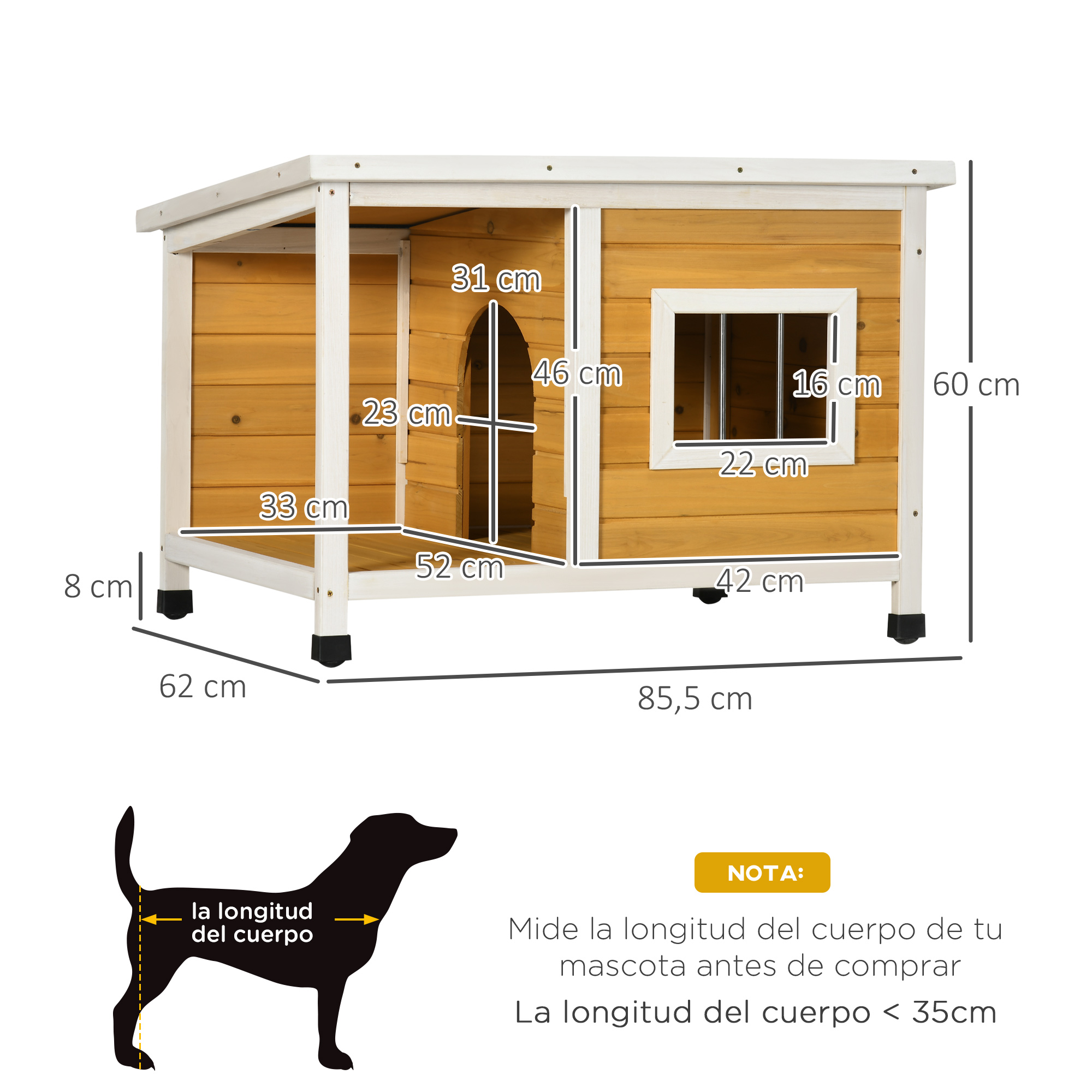 Casa de perro de madera con dimensiones y medidas. Silueta de perro negro con guía de tallas.