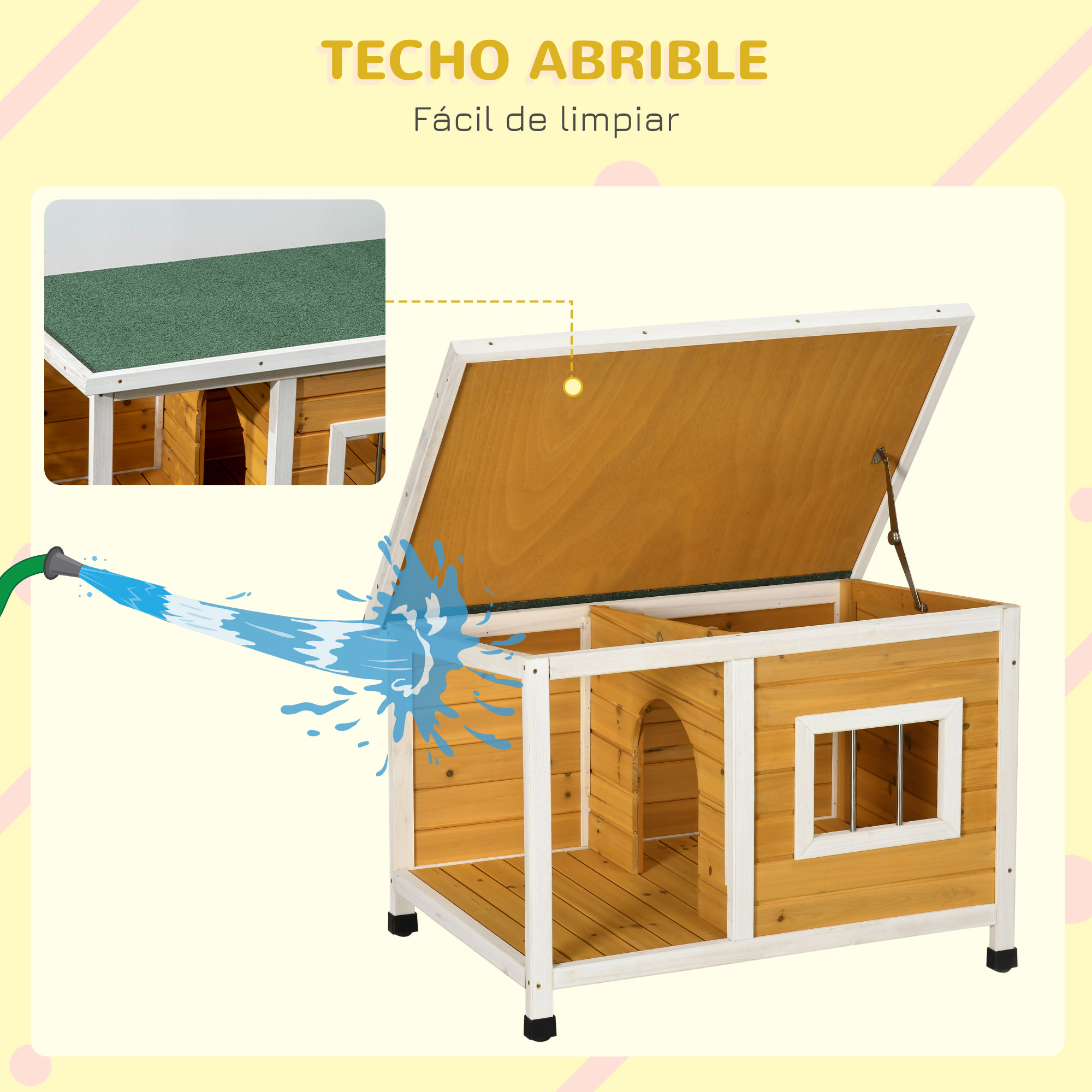Una casa para perros de madera con techo verde, limpiándose con una manguera. El techo está abierto para limpiar.