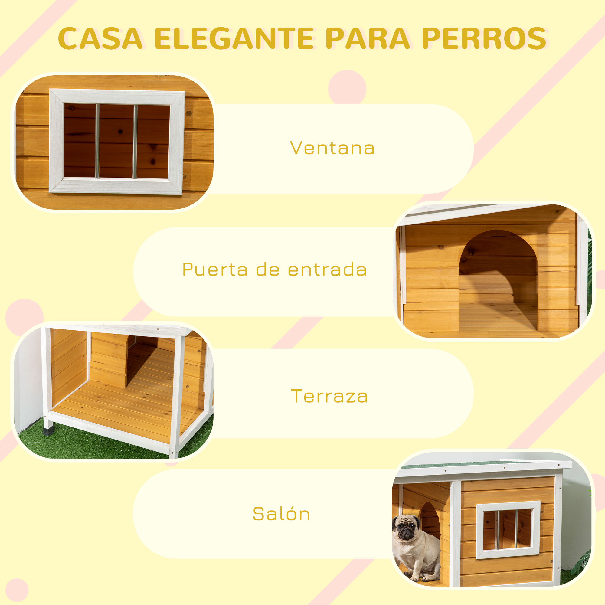 Una casa de perro de madera con ventana, puerta de entrada, terraza y salón. Se puede ver un perro dentro.
