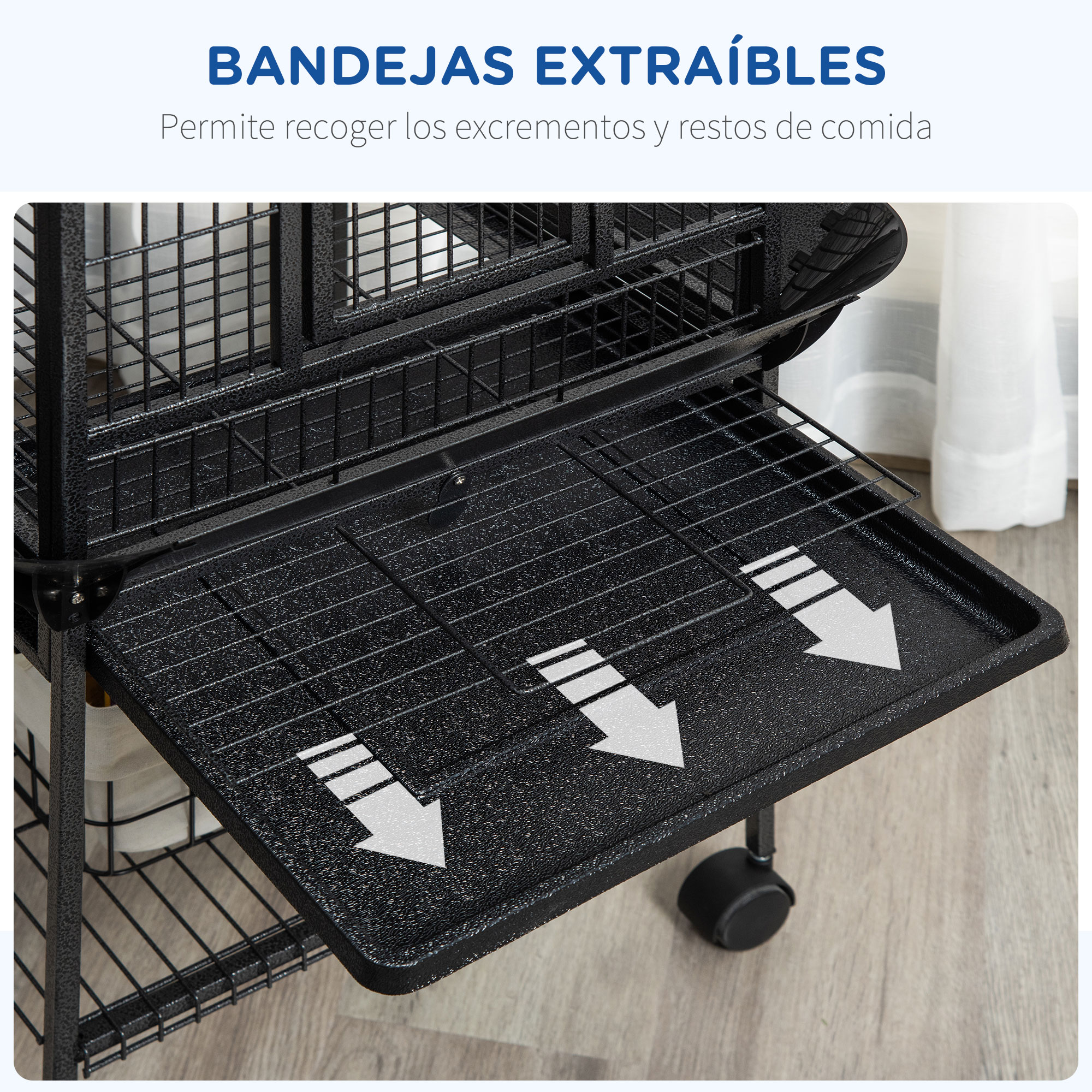 Una bandeja de una jaula, con flechas que indican la dirección de recogida y eliminación de residuos.
