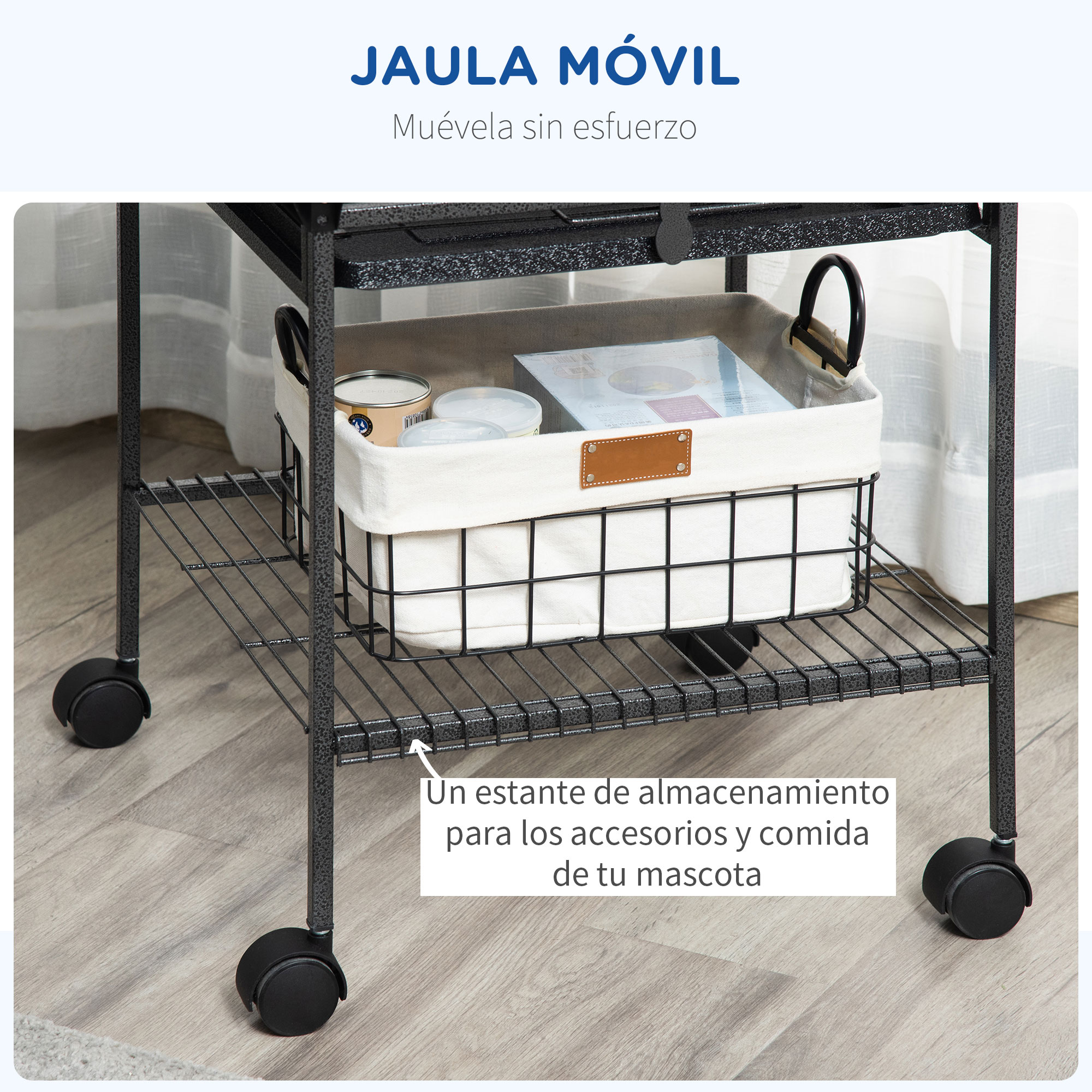 Una jaula móvil para mascotas con un estante de almacenamiento sobre ruedas, que sostiene una cesta con artículos.