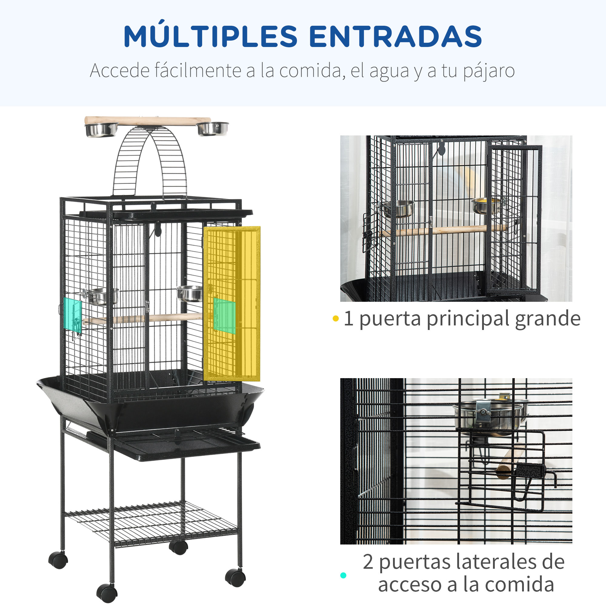 Jaula negra para pájaros con múltiples puntos de entrada y características. Muestra acceso a comida y bandeja.