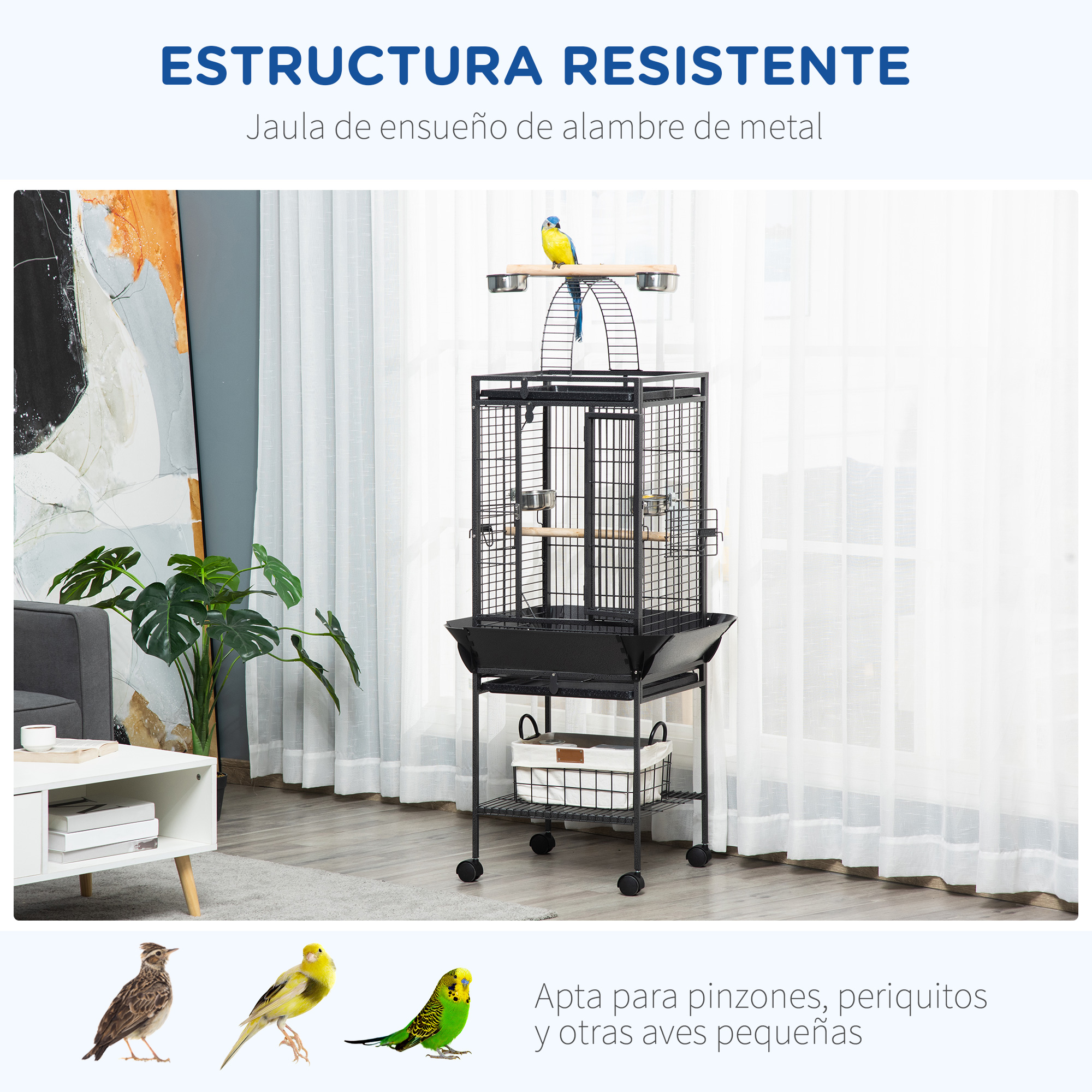 Jaula para pájaros con un pájaro pequeño dentro. Marco negro, varios posaderos y una bandeja.