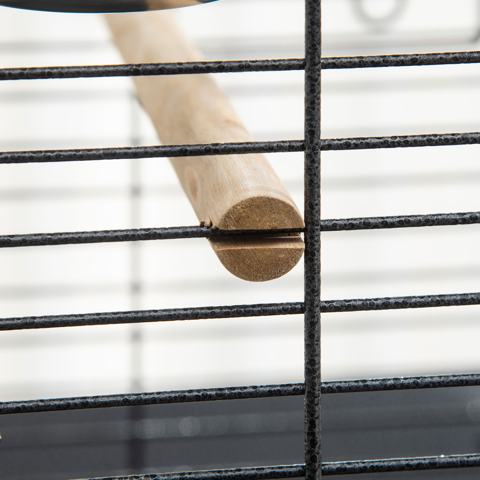 Primer plano del interior de una jaula para pájaros, mostrando una percha de madera y barras negras.