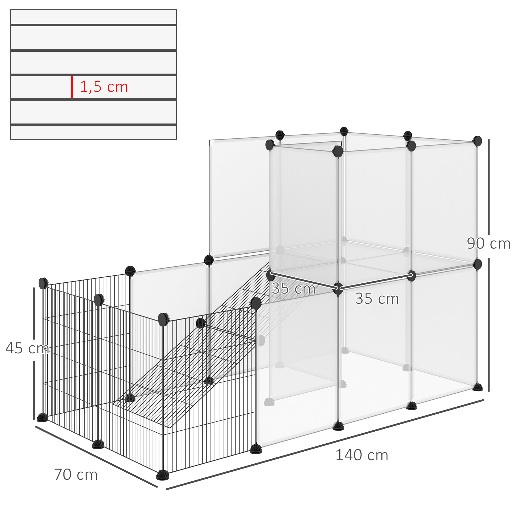 Un recinto modular para mascotas con paneles transparentes y una sección de suelo de malla metálica.