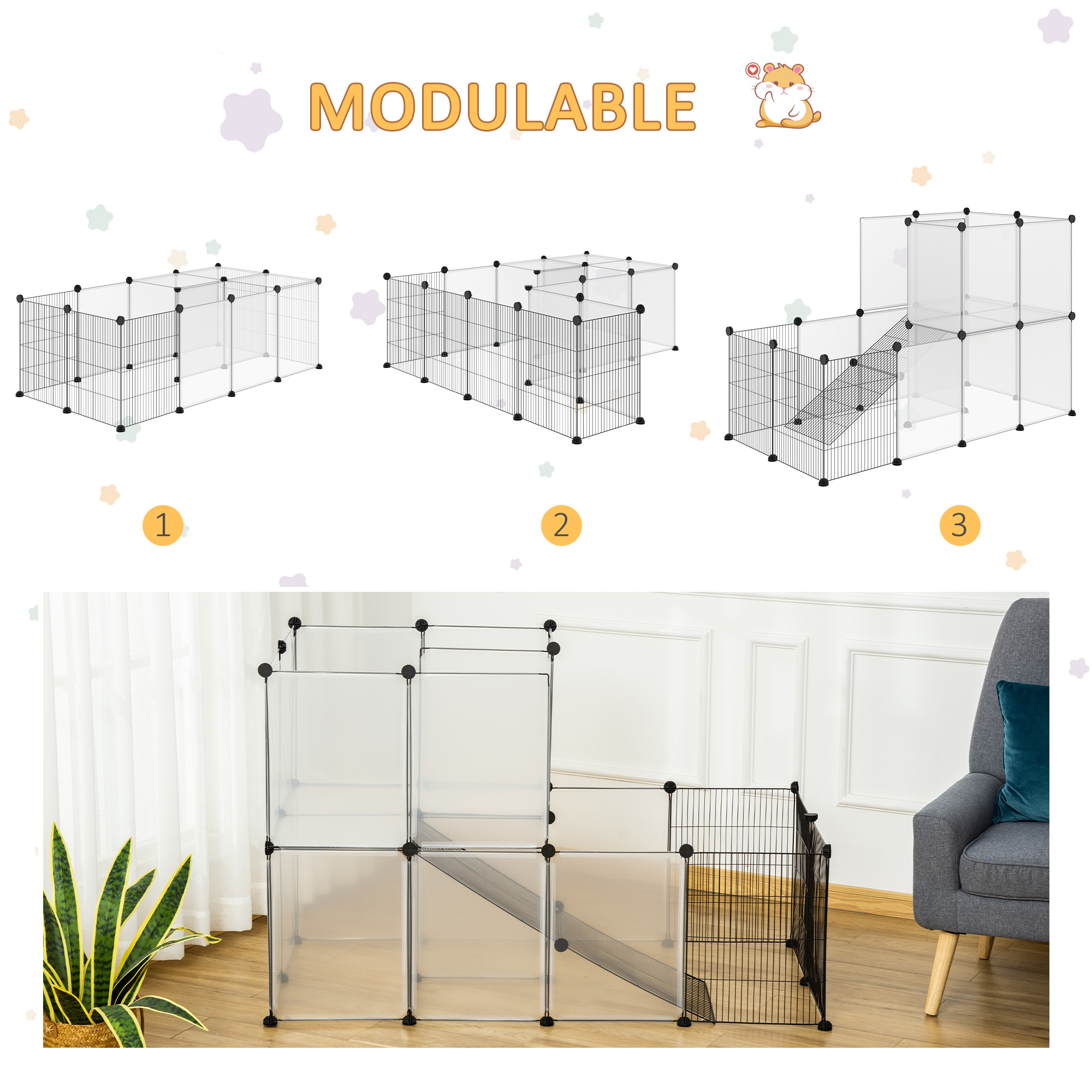 Tres configuraciones modulares de parque para mascotas. Los números 1, 2 y 3 etiquetan cada diseño.