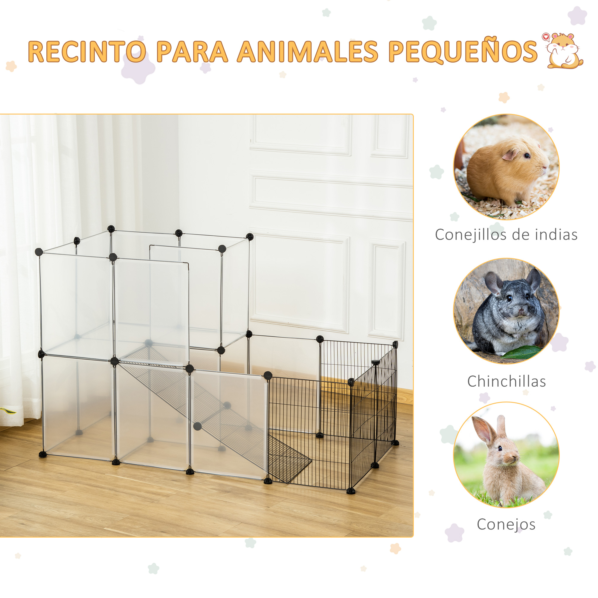 Recinto modular para animales pequeños con cobaya, chinchilla y conejo.
