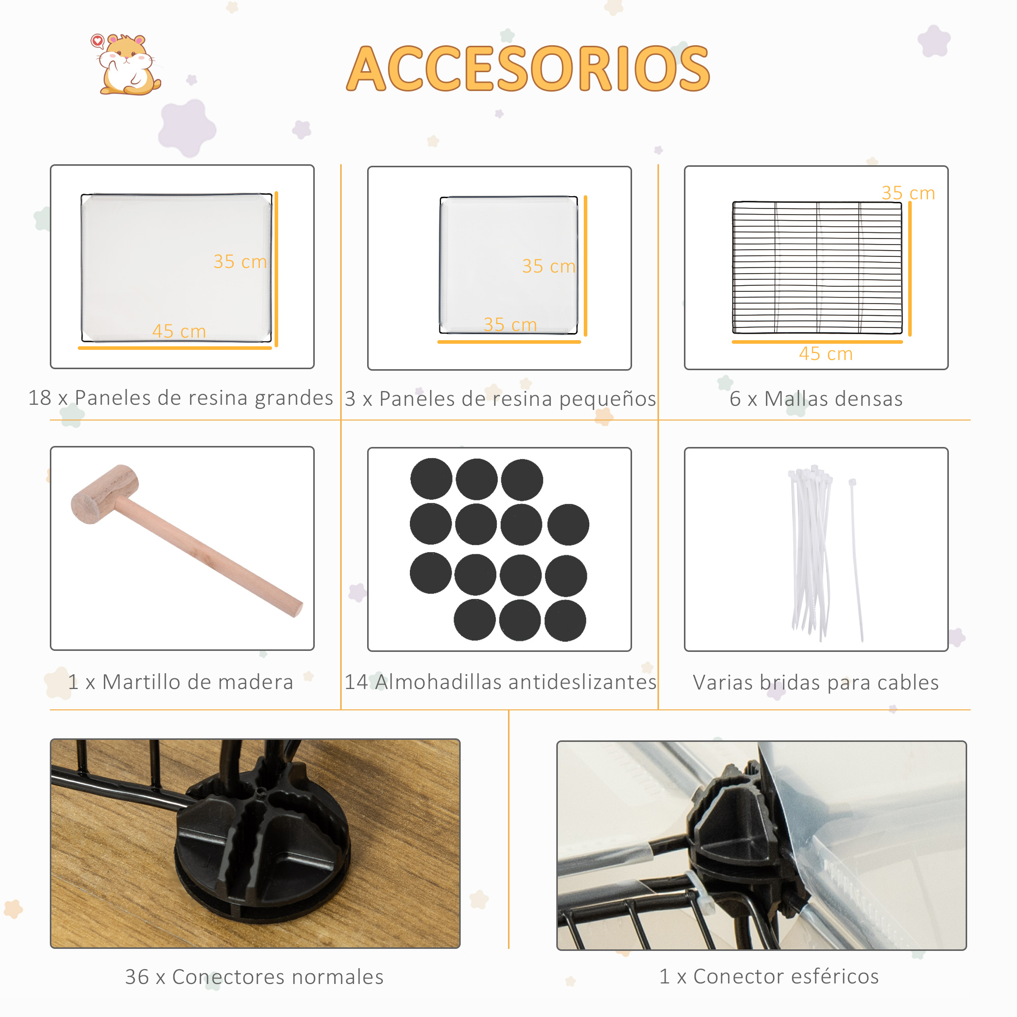 Se muestran accesorios para una jaula para mascotas. Incluye paneles, esteras, martillo, conectores y bridas.