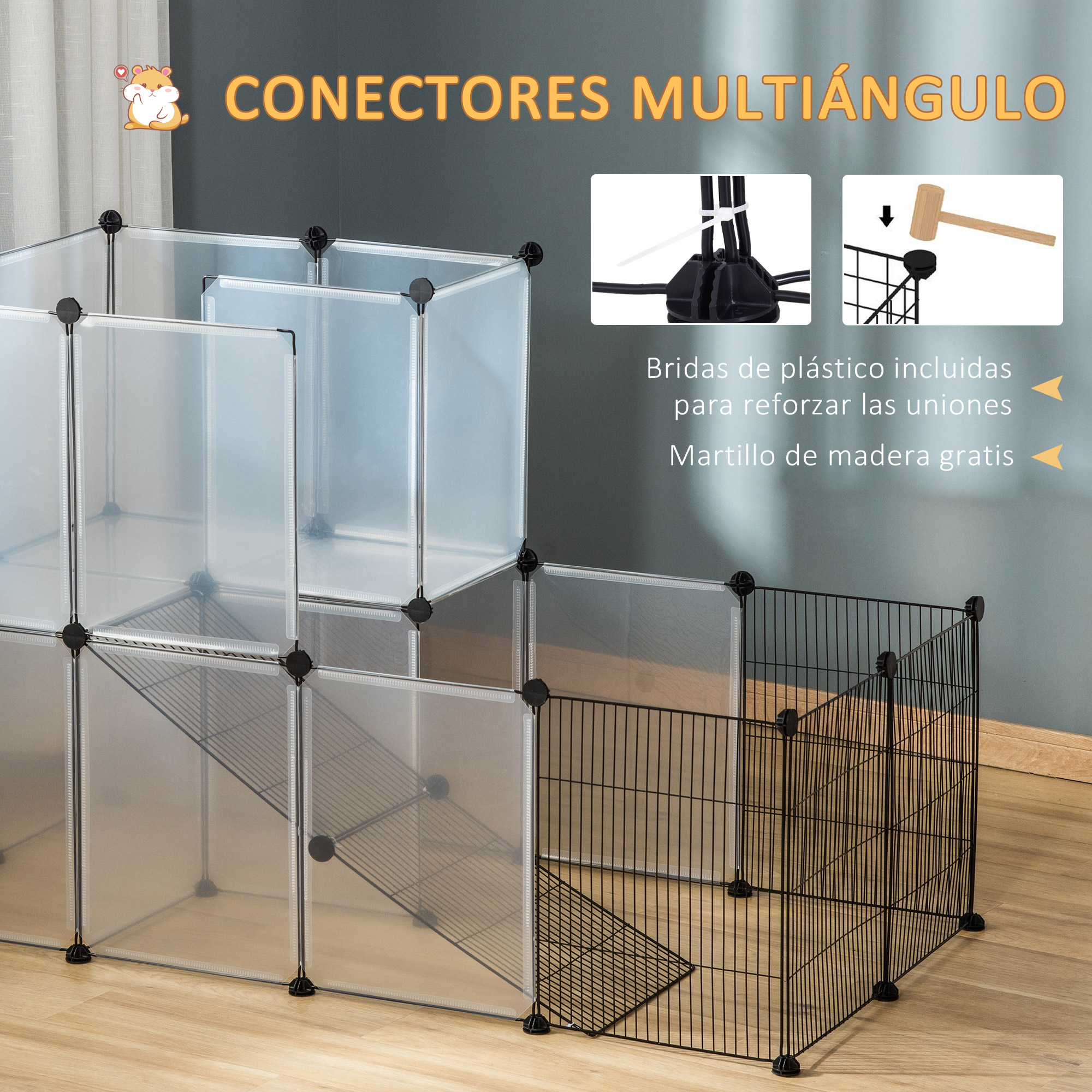 Recinto modular para mascotas. Paneles de plástico transparente, conectores negros, malla metálica.