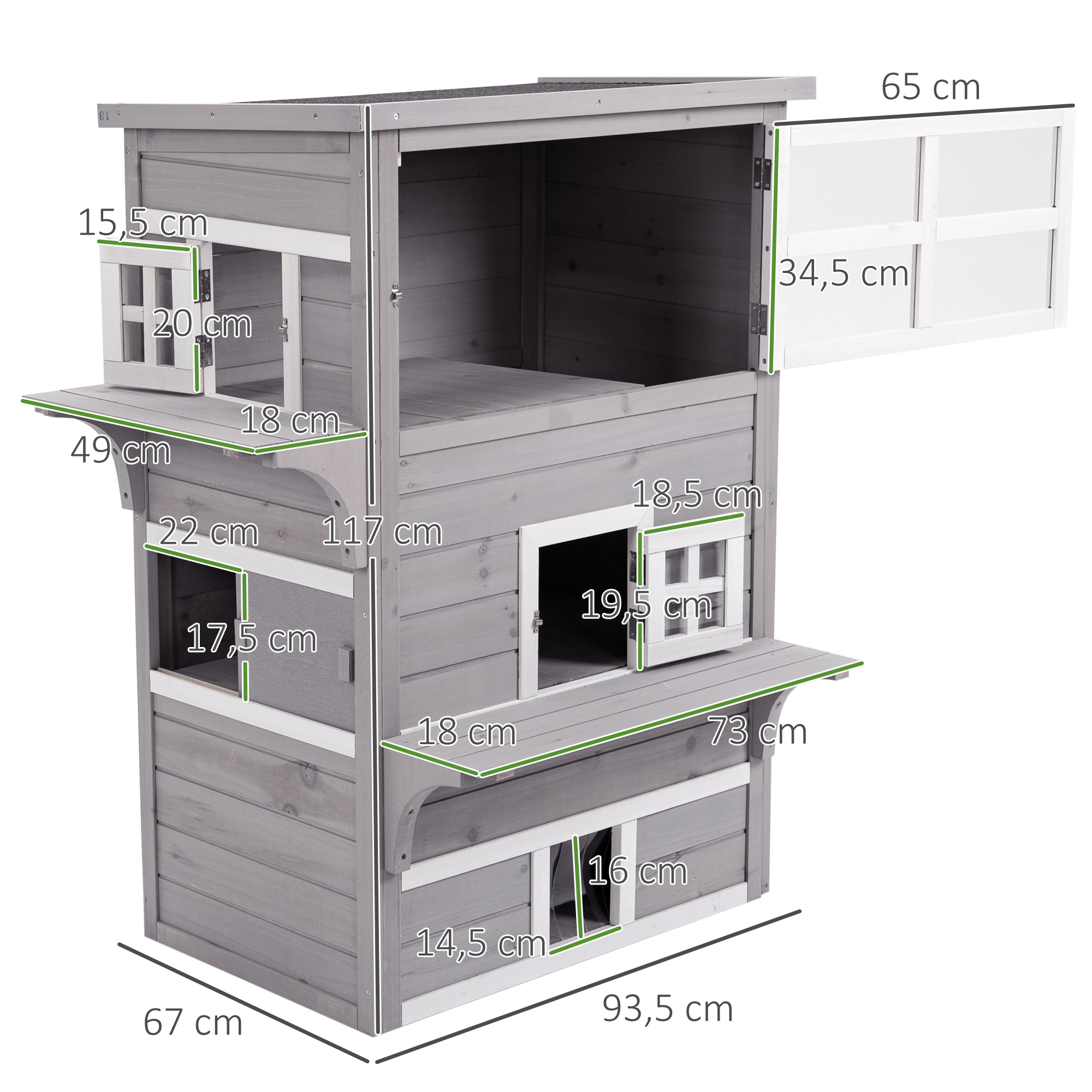 Una casa de juegos de madera gris con dimensiones. La casa de juegos tiene ventanas y una puerta.