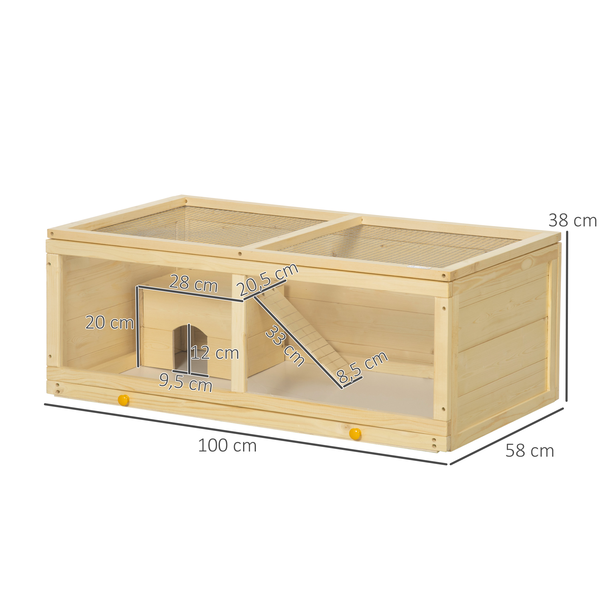 Se muestra una casa de mascotas de madera con dimensiones. Tiene una pequeña zona de casa, una rampa y una parte superior de malla. Perillas amarillas.