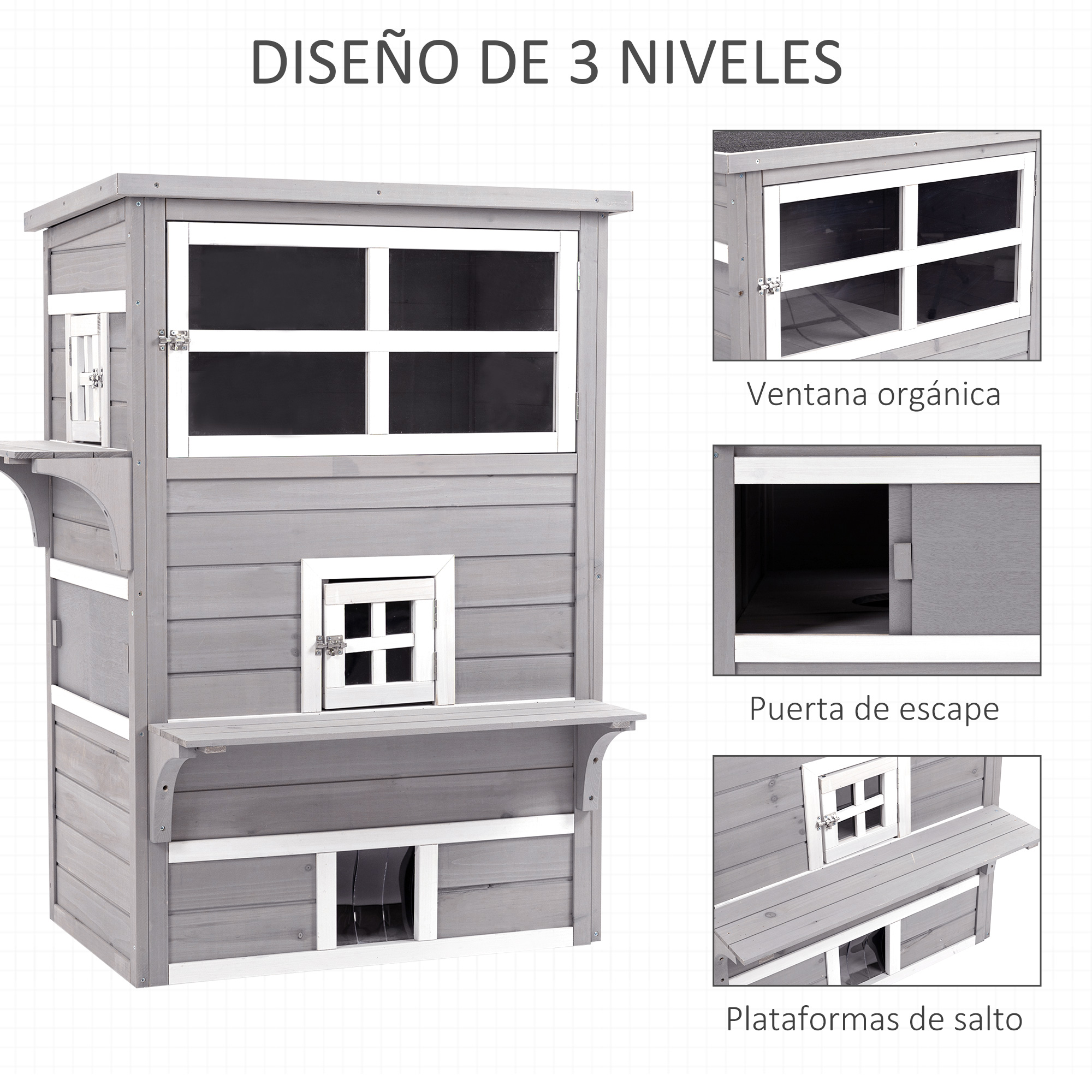 Una casa de madera para gatos con diseño de tres niveles, ventanas, puerta de escape y plataformas para saltar.