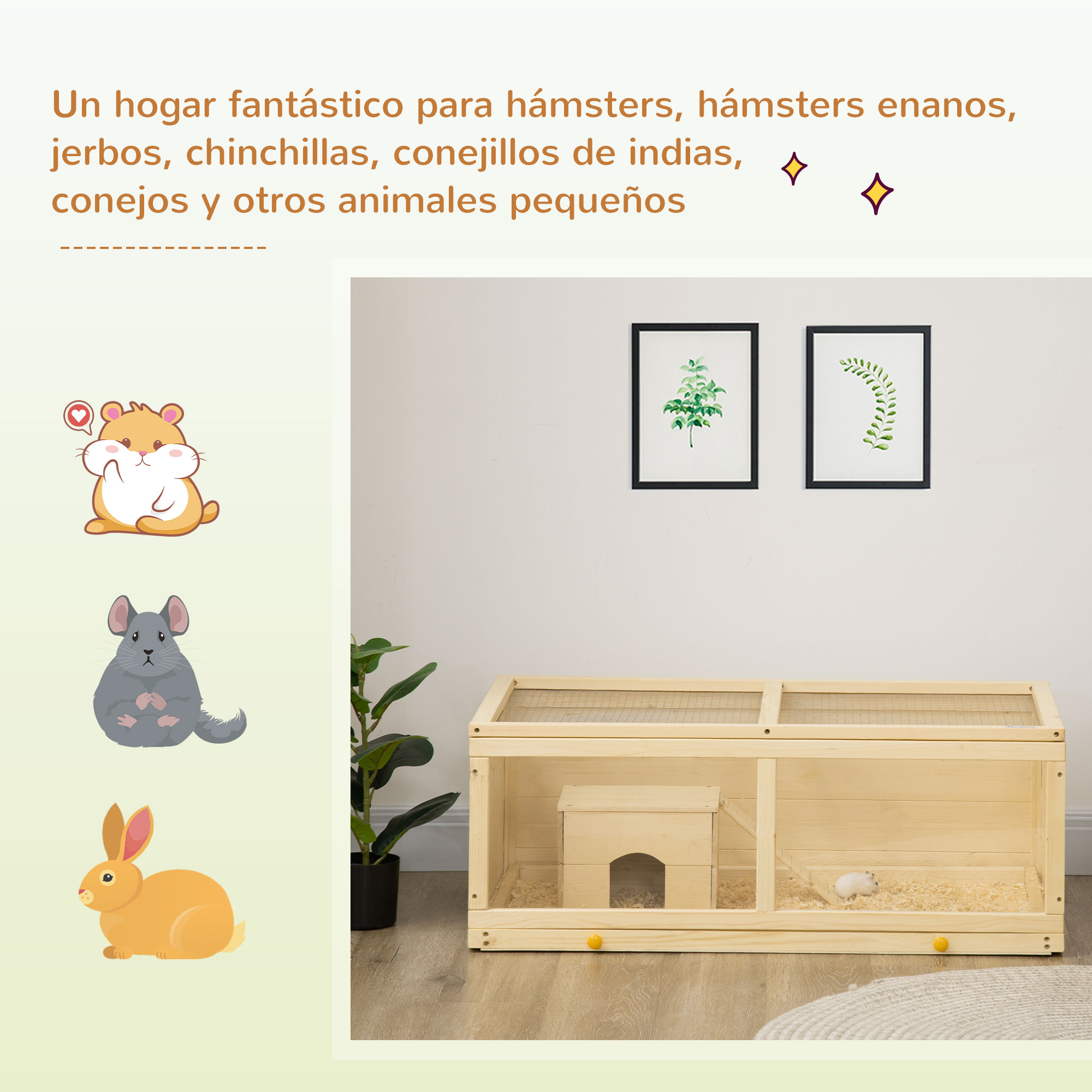 Una jaula de hámster de madera con una casita y dos cuadros enmarcados en una pared blanca, ilustraciones de dibujos animados.