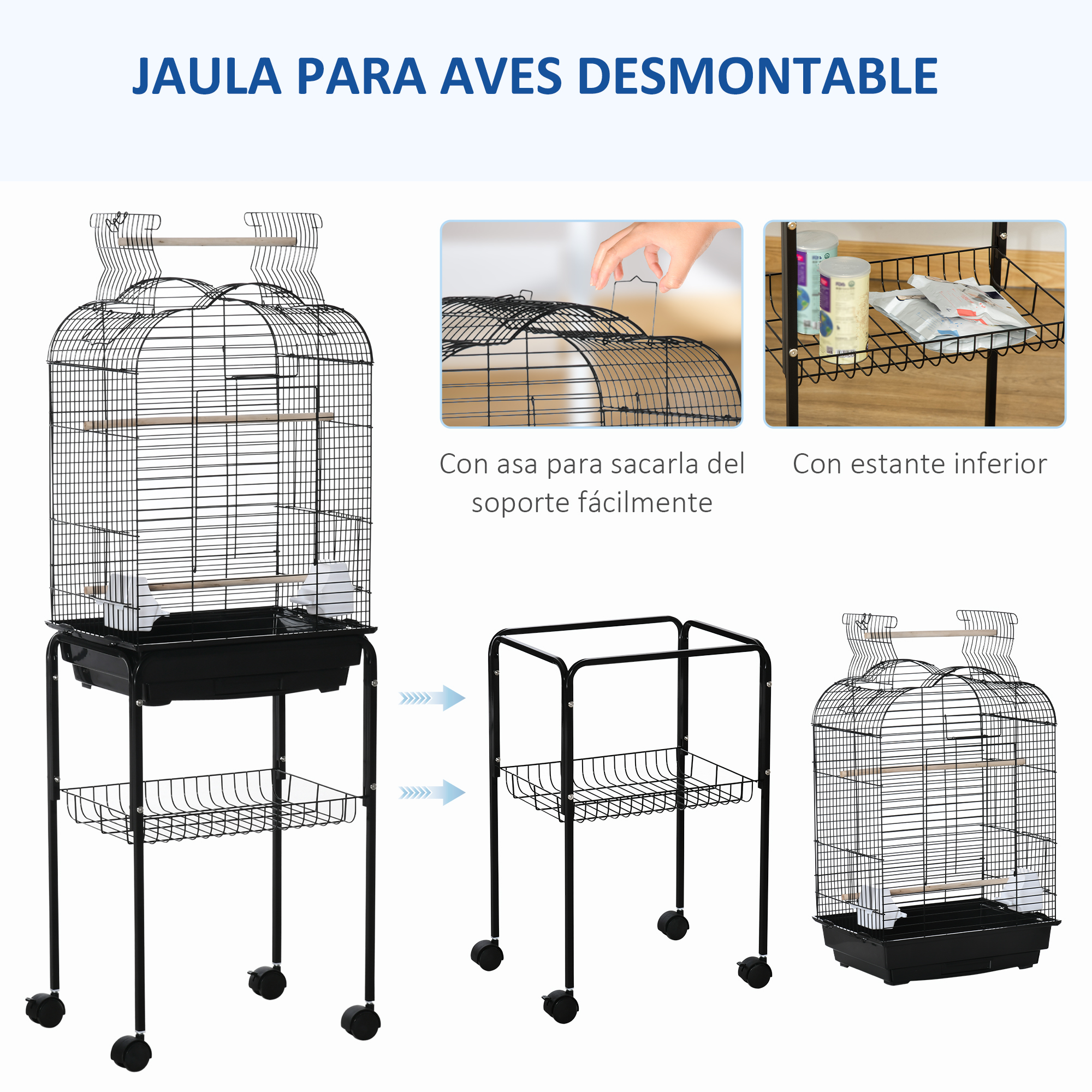 Una jaula para pájaros con diseño desmontable, mostrando la jaula, el soporte y cómo se desmonta.