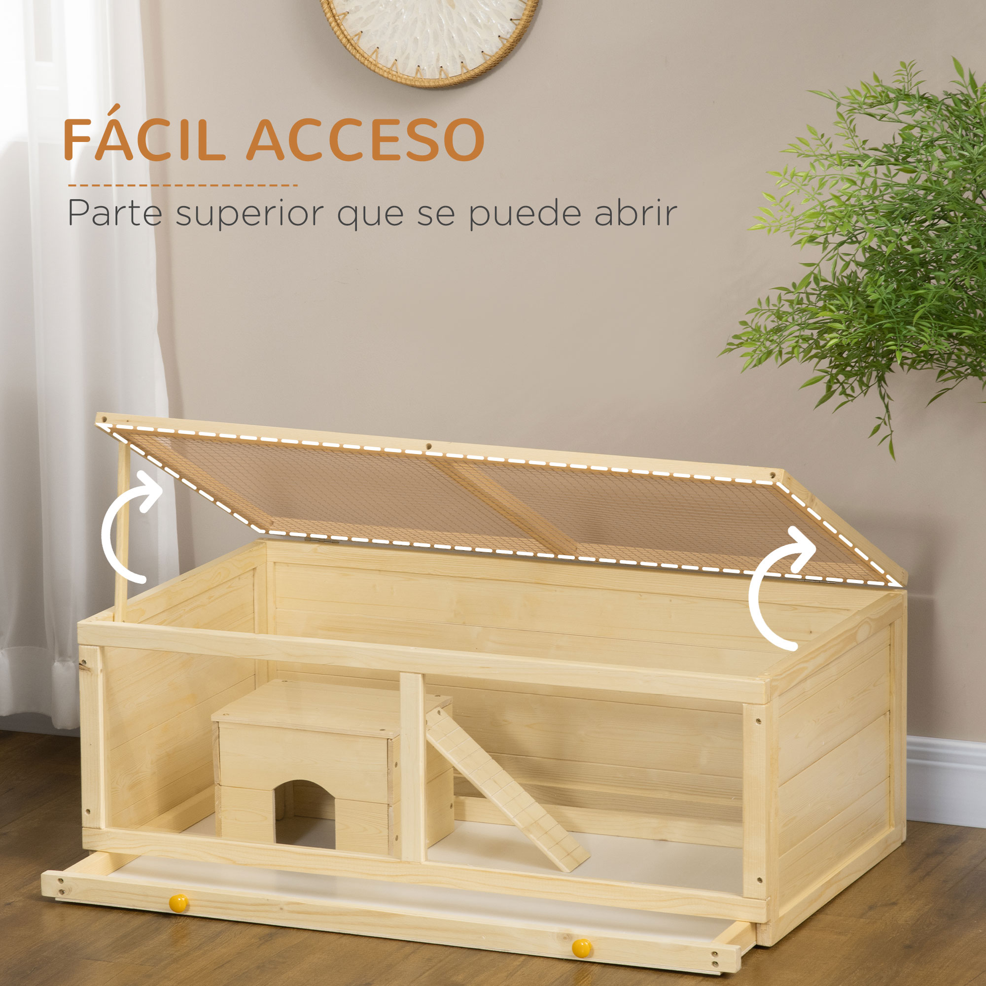 Una jaula de hámster de madera con la parte superior abierta, y una casa y rampa dentro.
