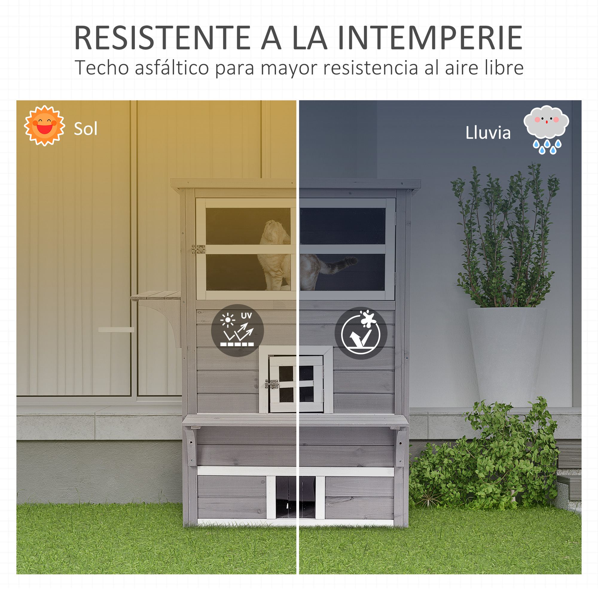 Casa de mascotas de madera para exterior con ilustración de sol y lluvia, mostrando resistencia al clima.
