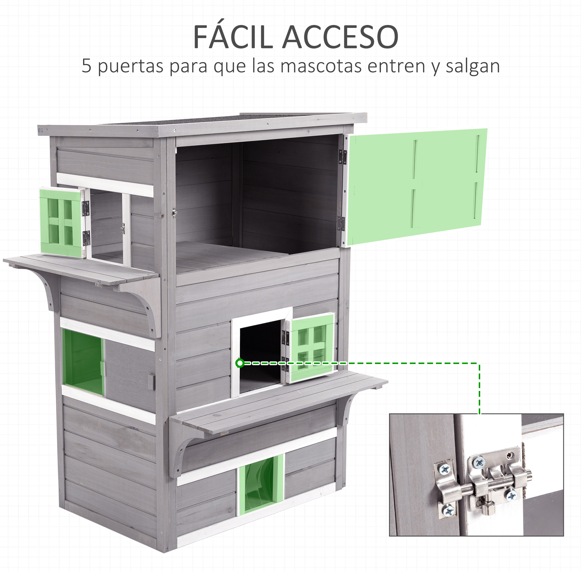 Una casa de mascotas de madera de varios niveles con detalles verdes. Tiene múltiples puntos de entrada.