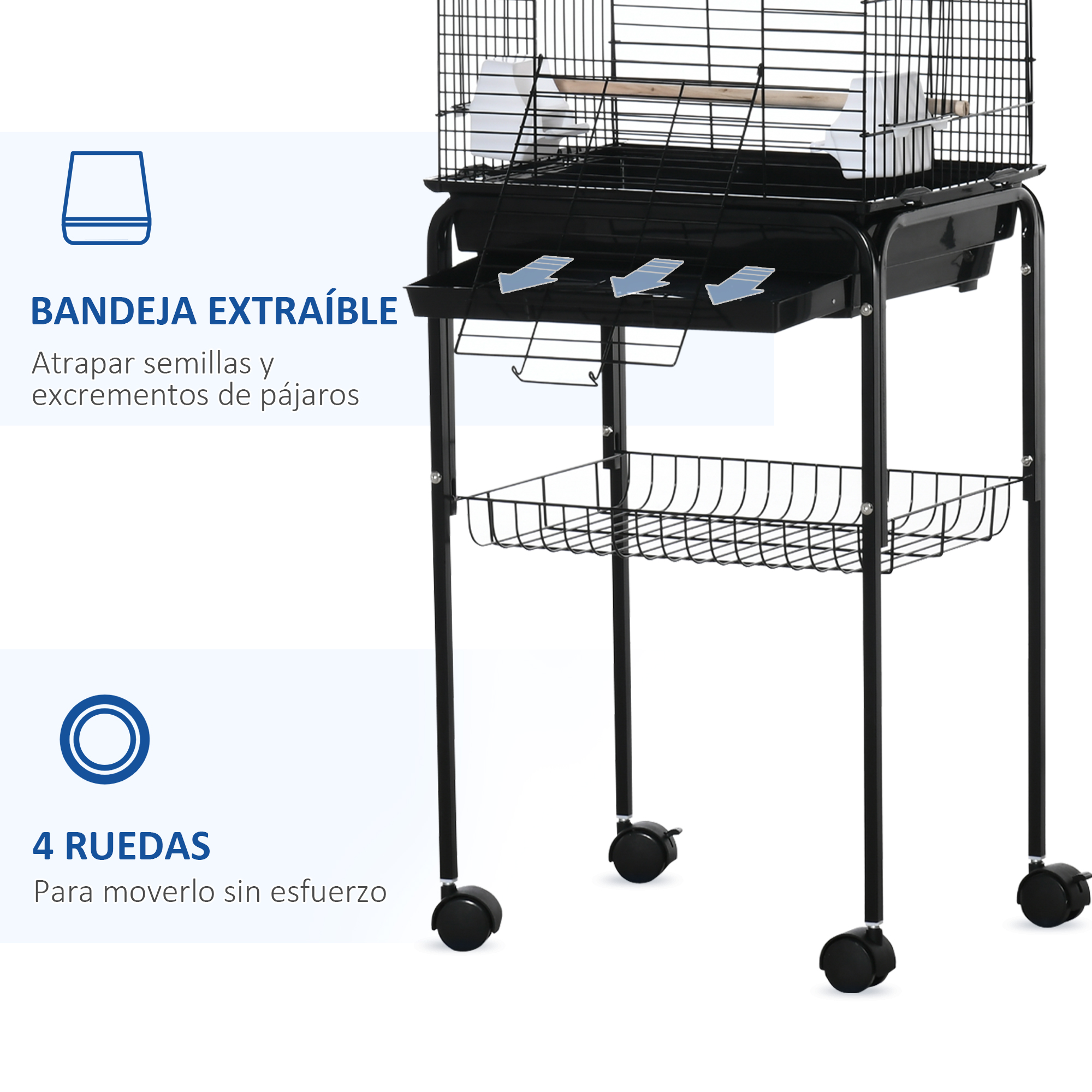 Jaula negra con bandeja extraíble y cuatro ruedas. Texto: fácil de mover. Fondo: pared blanca.