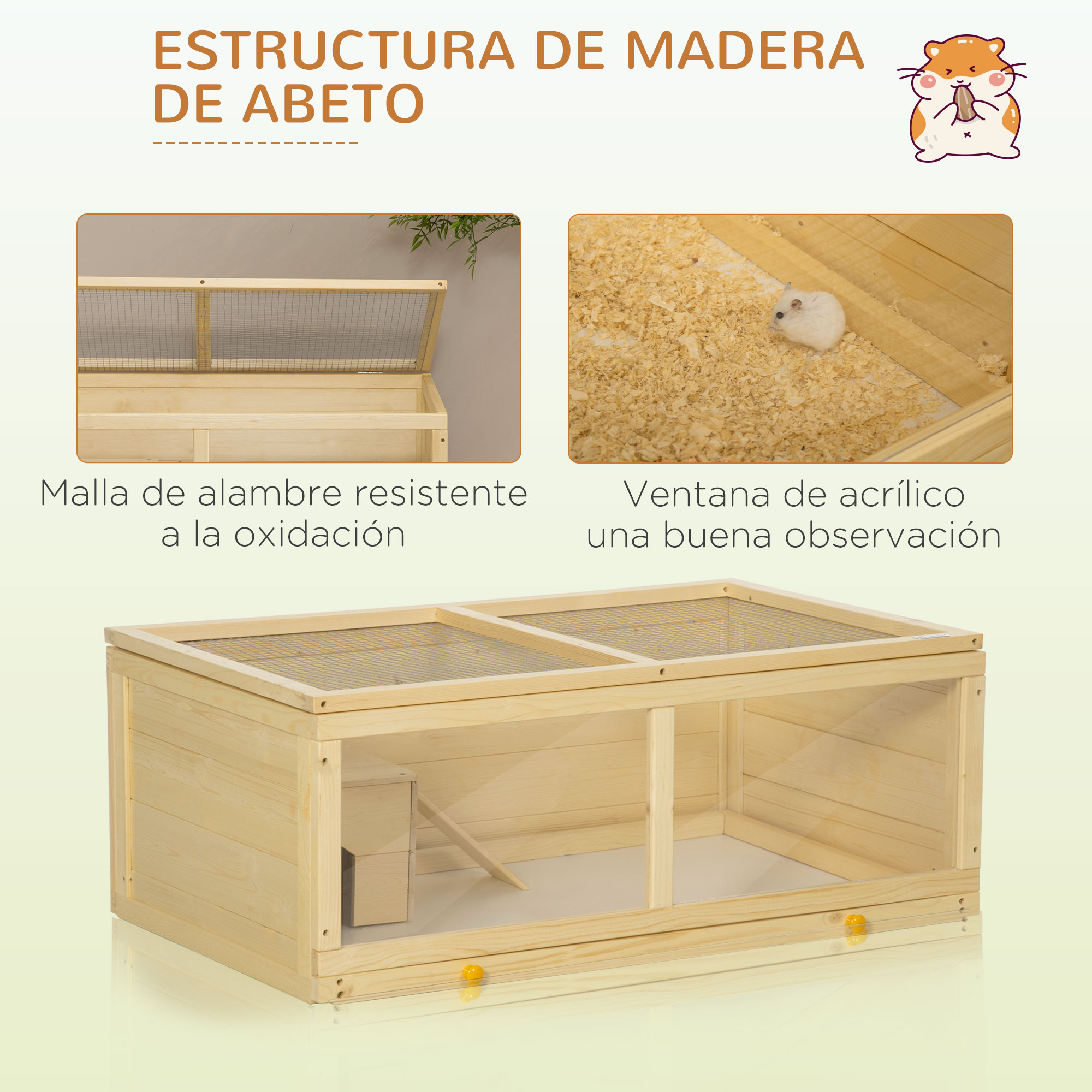Jaula de hámster de madera con parte superior de malla de alambre, ventana acrílica y accesorios.