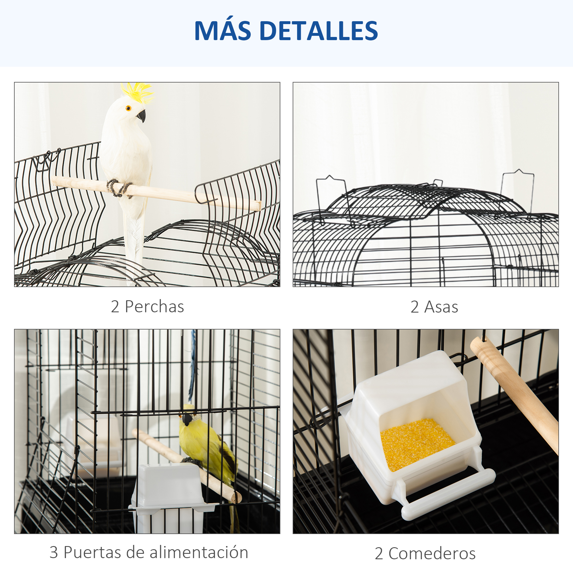 Detalles de accesorios para jaulas de pájaros. Incluye perchas, comederos y comederos con loros y otras aves.
