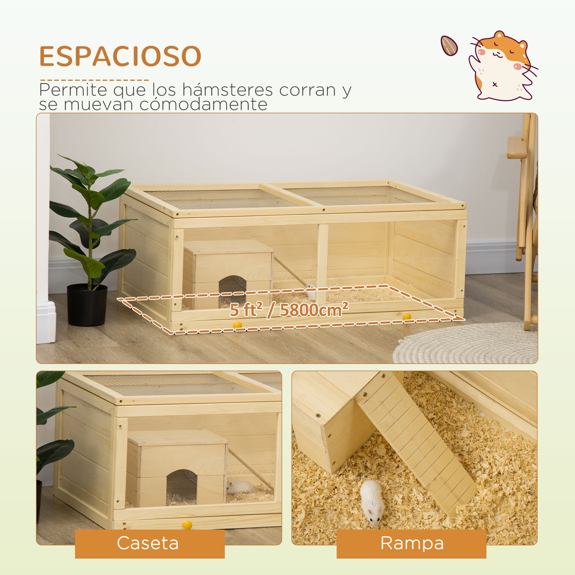 Jaula de hámster de madera con casa y rampa. Incluye un hámster en la jaula y un dibujo.