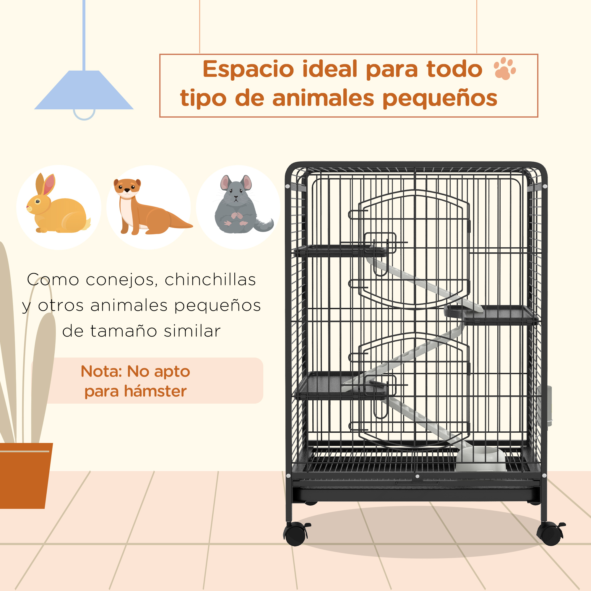 Una jaula pequeña para mascotas con ilustraciones de un conejo, un hurón y una chinchilla.